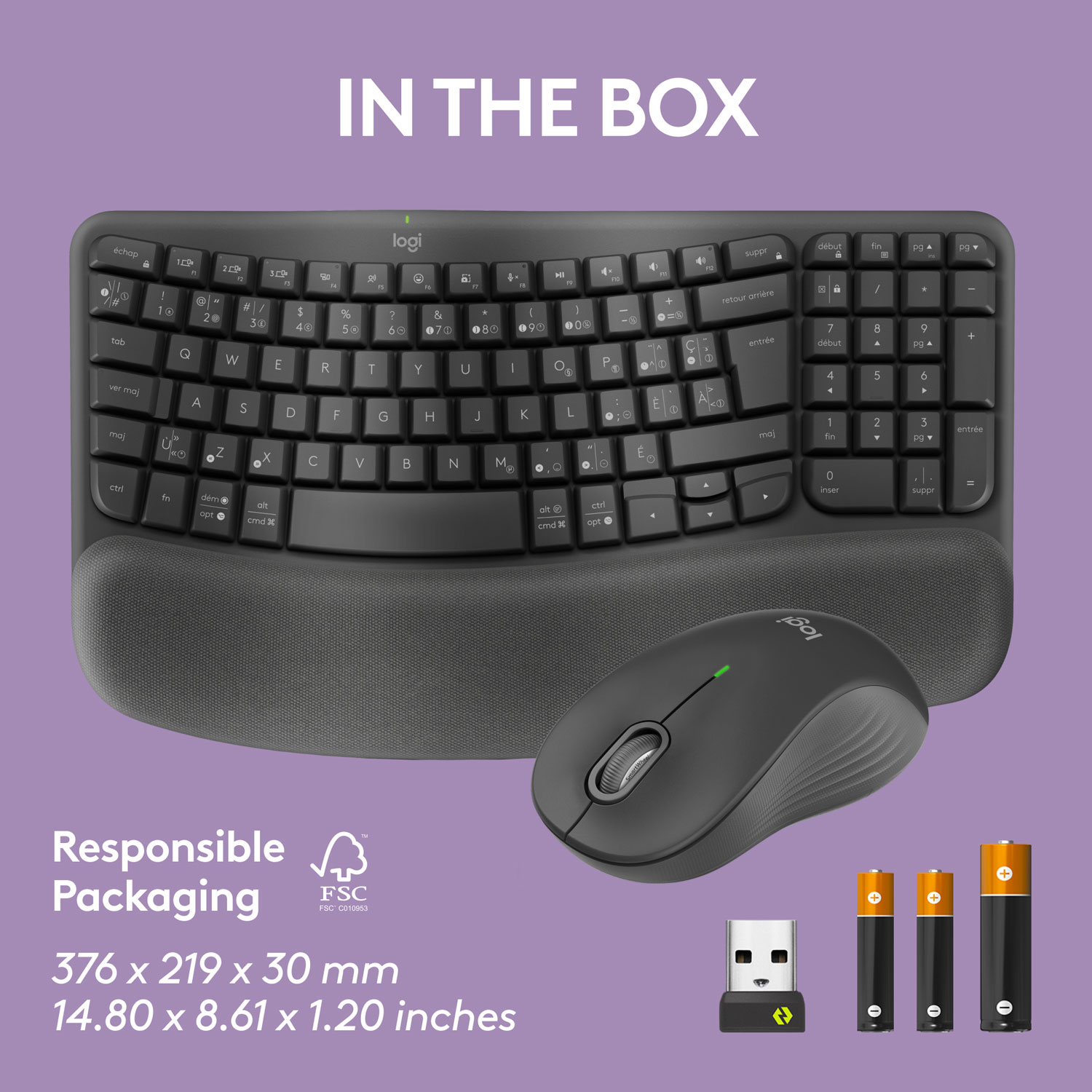 Ensemble avec clavier ergonomique sans fil et souris optique sans fil Wave Keys MK670 de Logitech - Graphite - Français