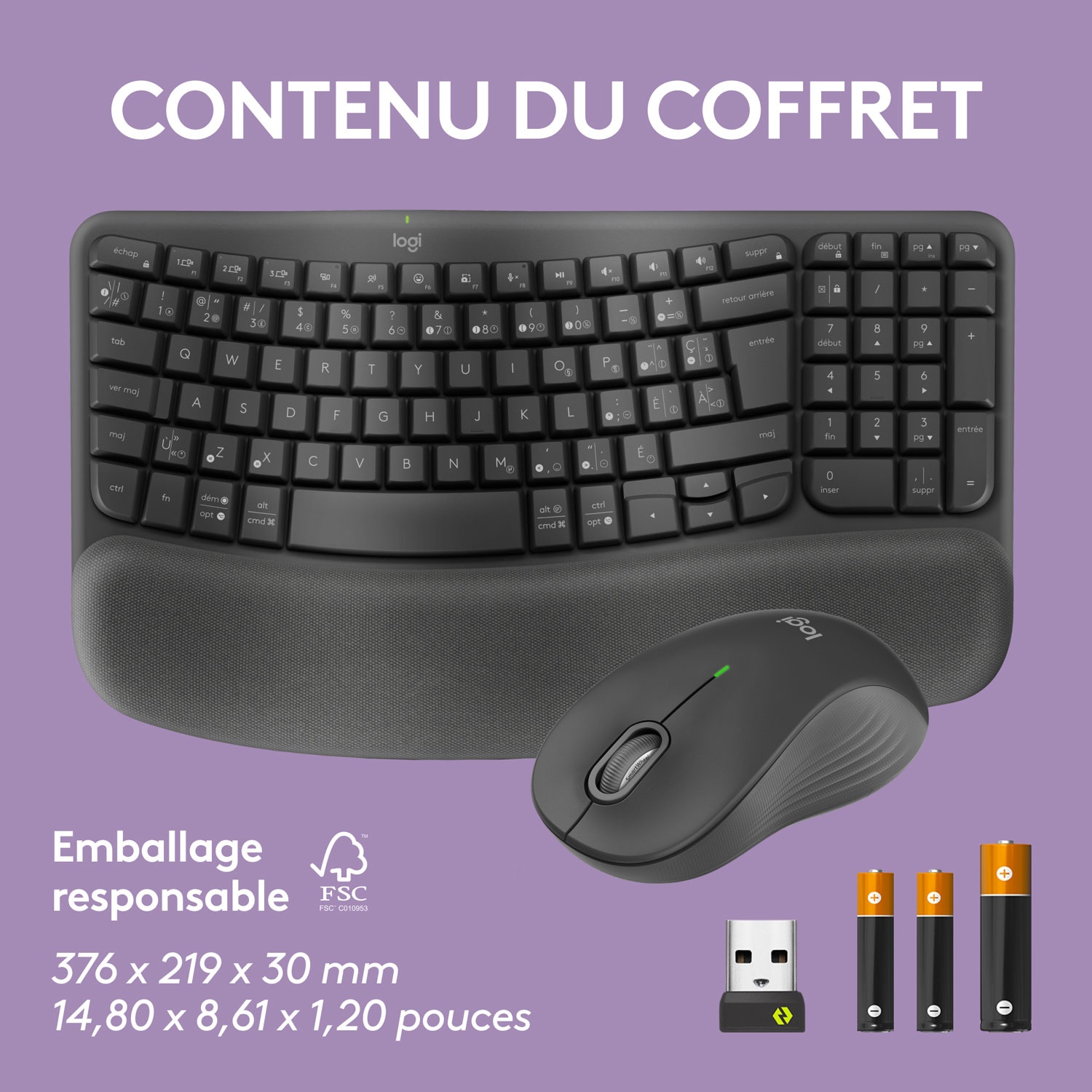 Ensemble avec clavier ergonomique sans fil et souris optique sans fil Wave Keys MK670 de Logitech - Graphite - Français