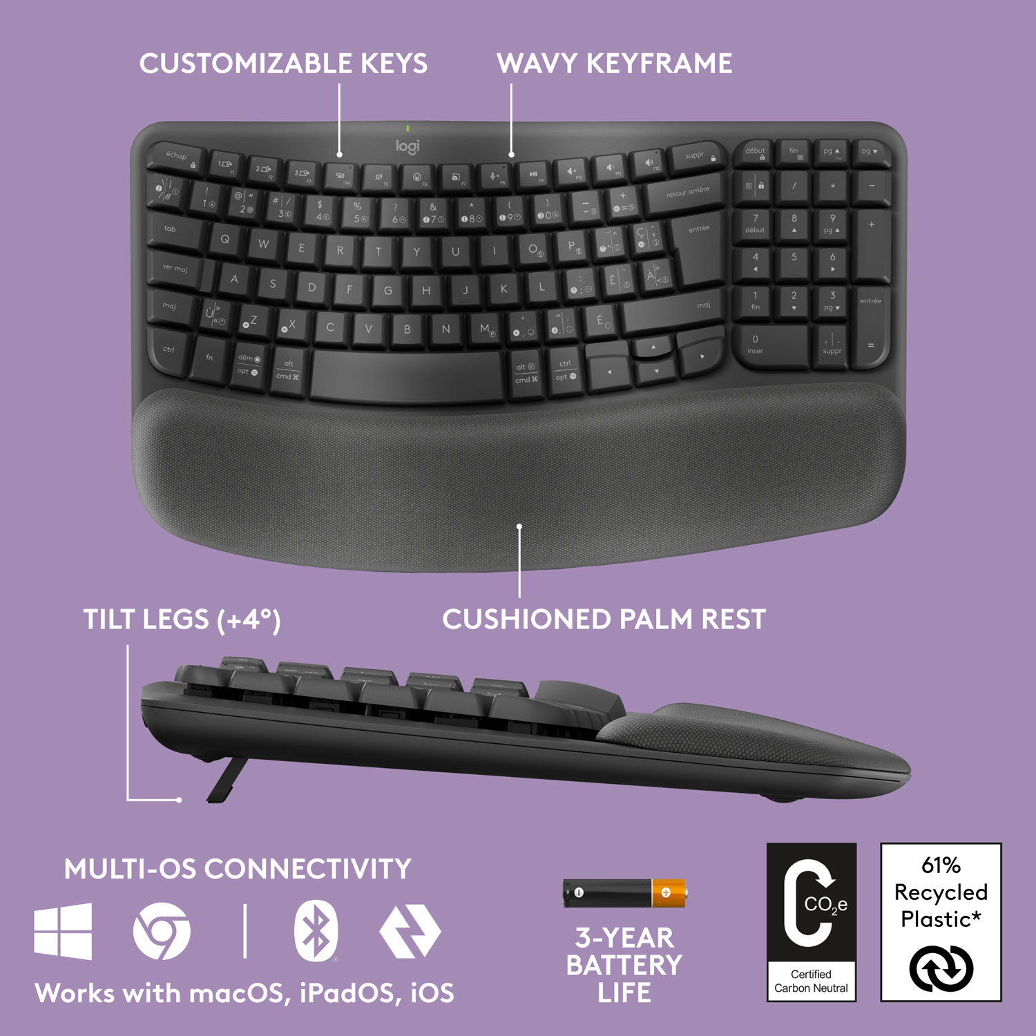 Ensemble avec clavier ergonomique sans fil et souris optique sans fil Wave Keys MK670 de Logitech - Graphite - Français