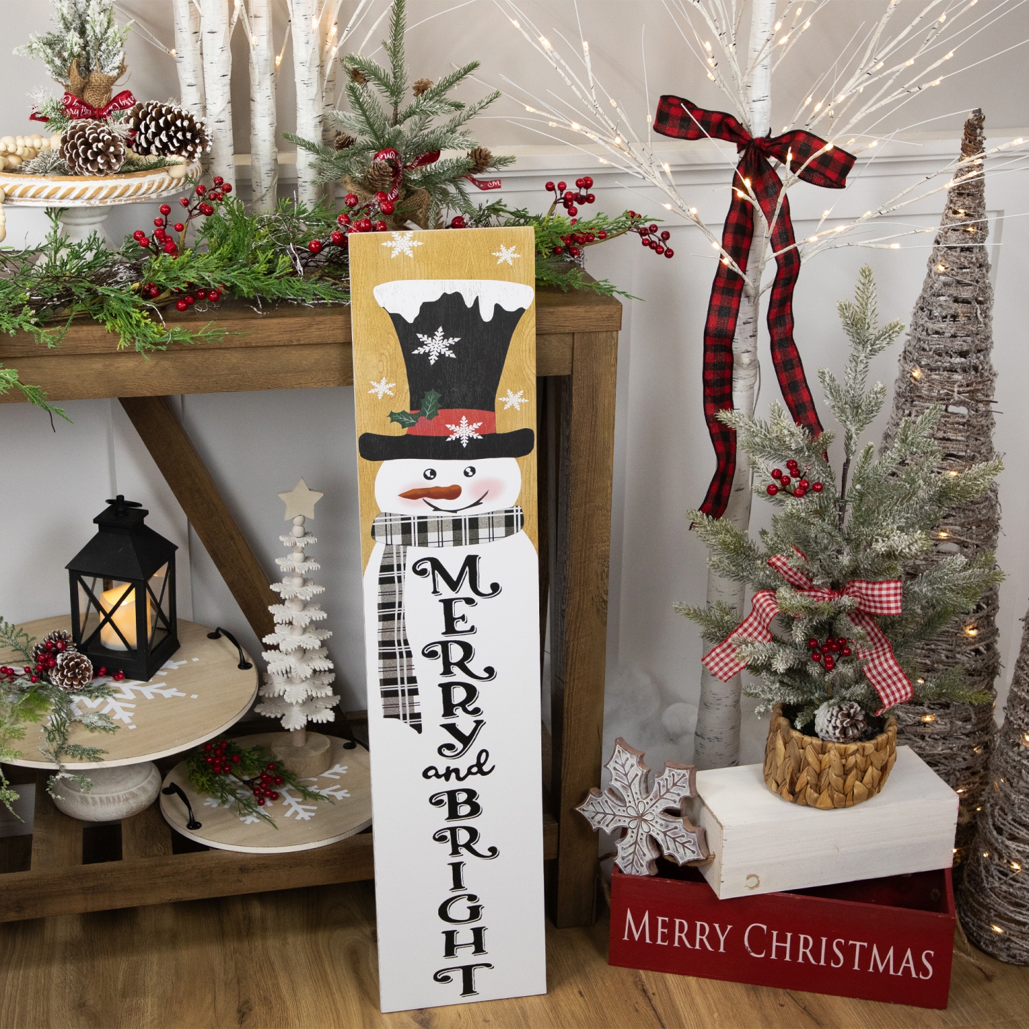 Décoration de panneau de porche de Noël « Merry and Bright », bonhomme de neige, 36 po