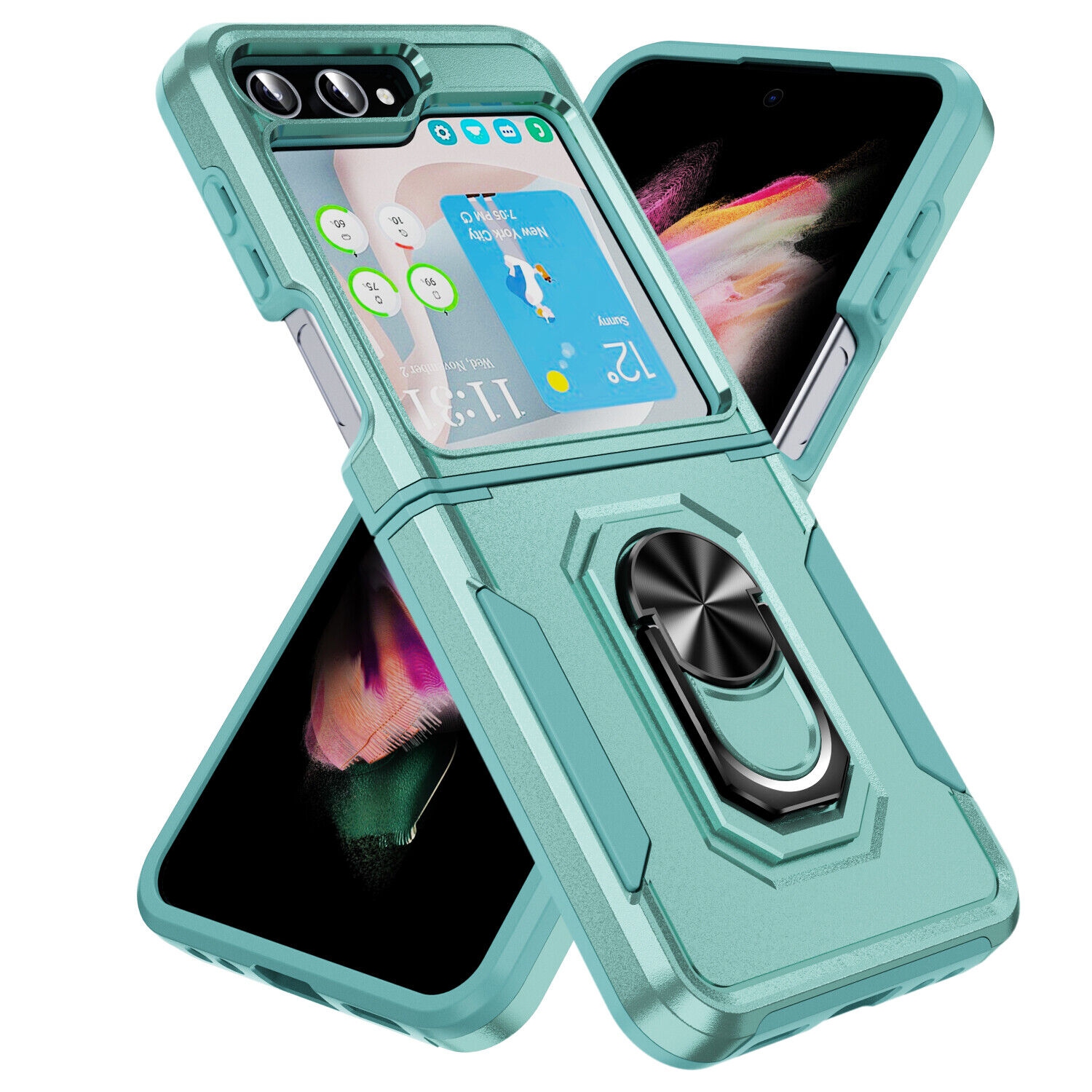 【CSmart】 Shockproof Heavy Duty Magnetic Hard Armor Kickstand Case with Ring Holder for Samsung Galaxy Z Flip 5, Teal