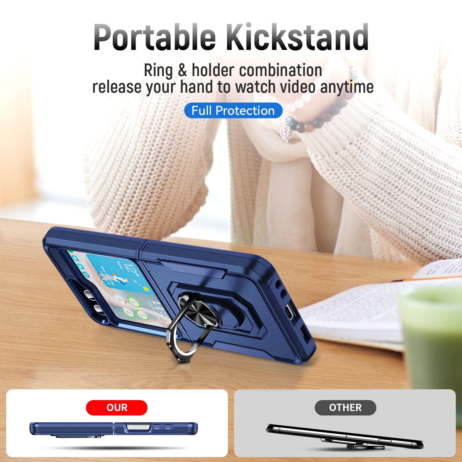 【CSmart】 Shockproof Heavy Duty Magnetic Hard Armor Kickstand Case with Ring Holder for Samsung Galaxy Z Flip 5, Navy