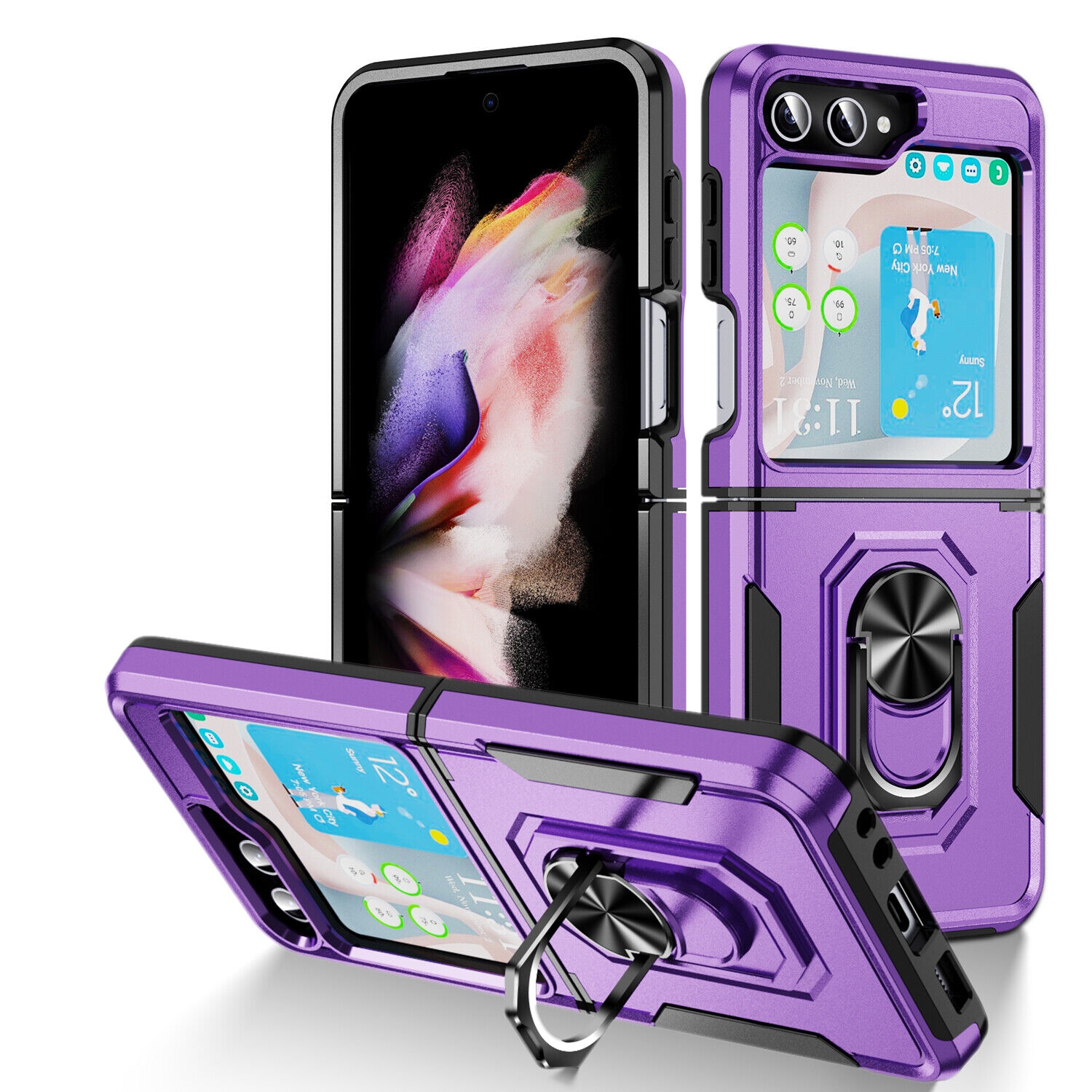 【CSmart】 Shockproof Heavy Duty Magnetic Hard Armor Kickstand Case with Ring Holder for Samsung Galaxy Z Flip 5, Purple