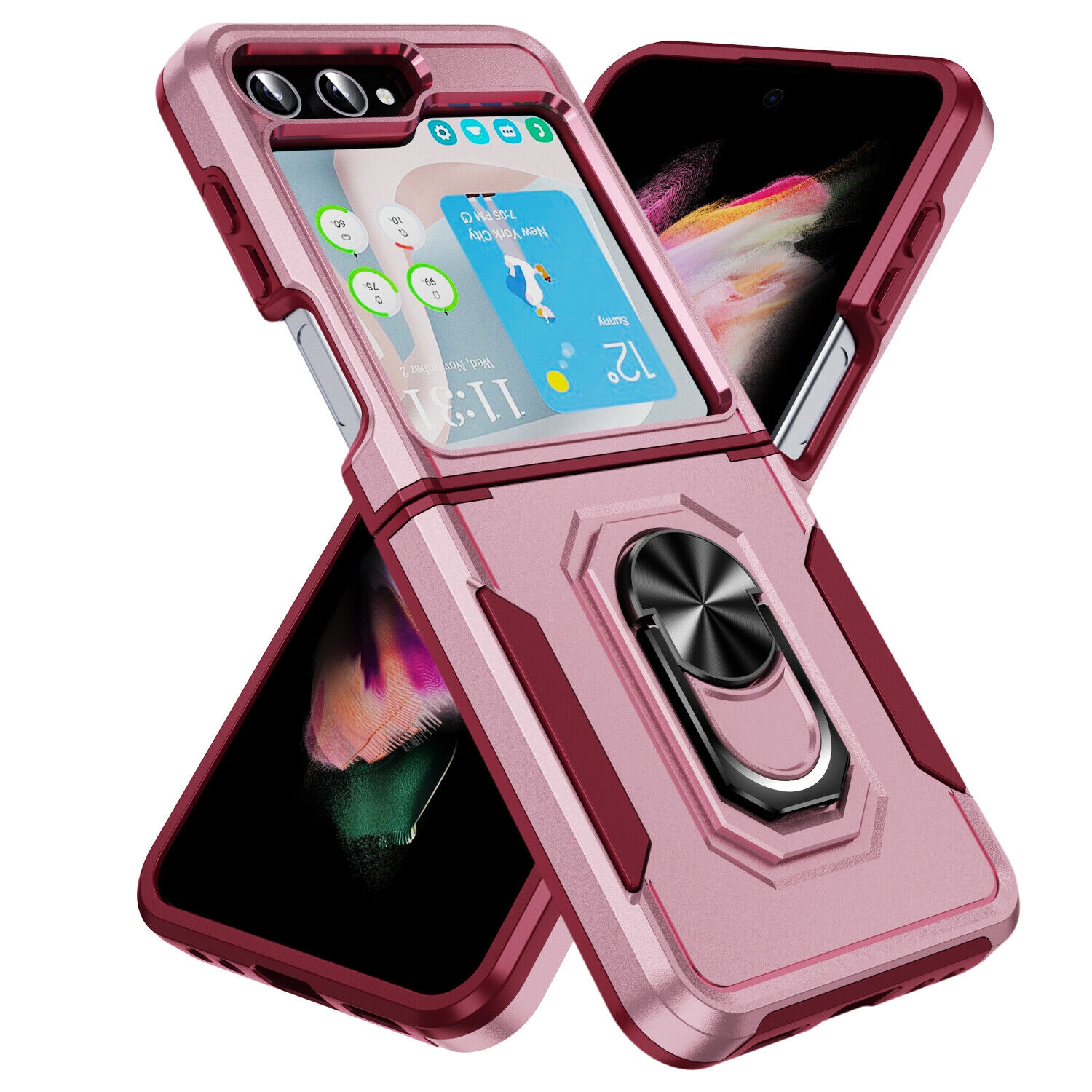 【CSmart】 Shockproof Heavy Duty Magnetic Hard Armor Kickstand Case with Ring Holder for Samsung Galaxy Z Flip 5, Light Pink
