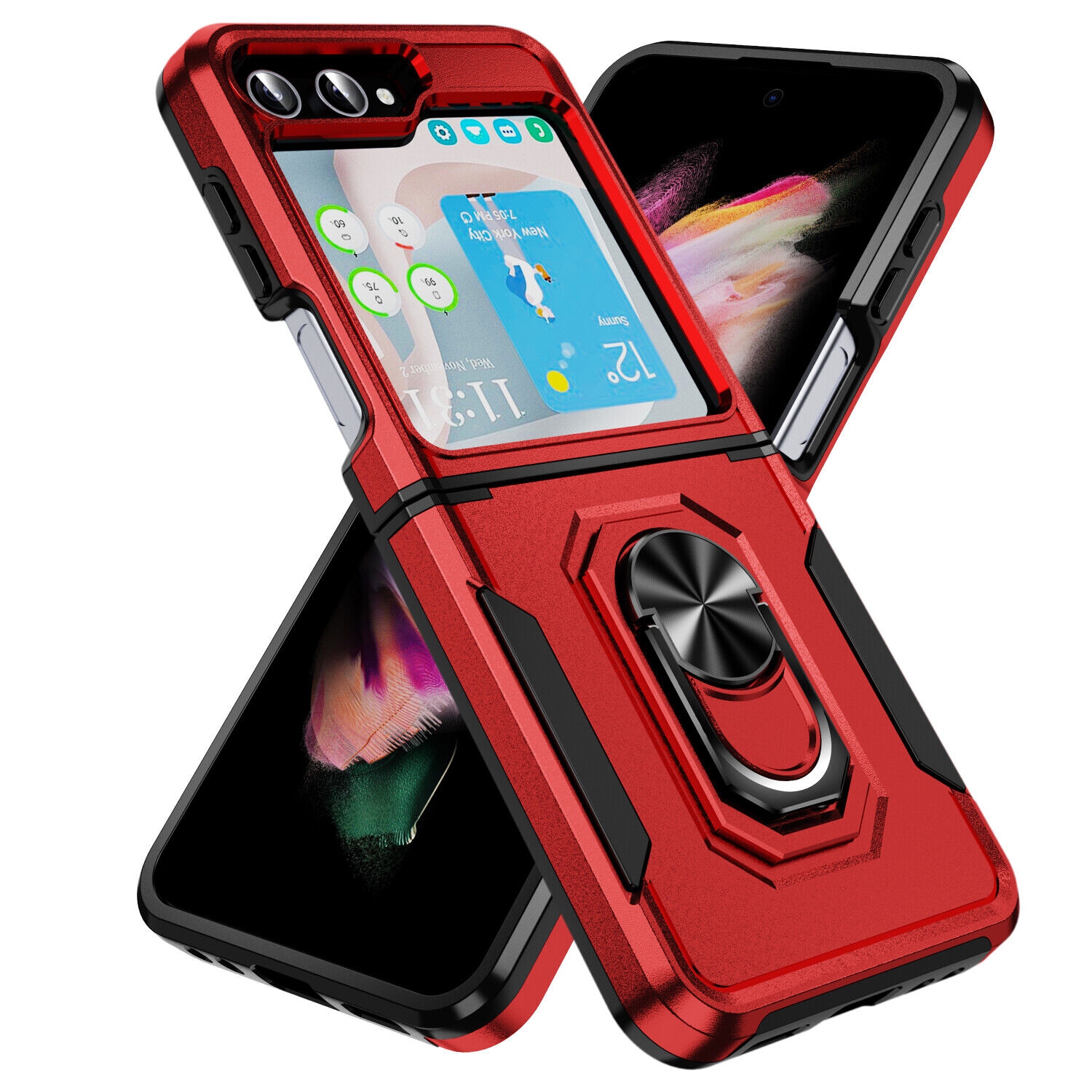 【CSmart】 Shockproof Heavy Duty Magnetic Hard Armor Kickstand Case with Ring Holder for Samsung Galaxy Z Flip 5, Red