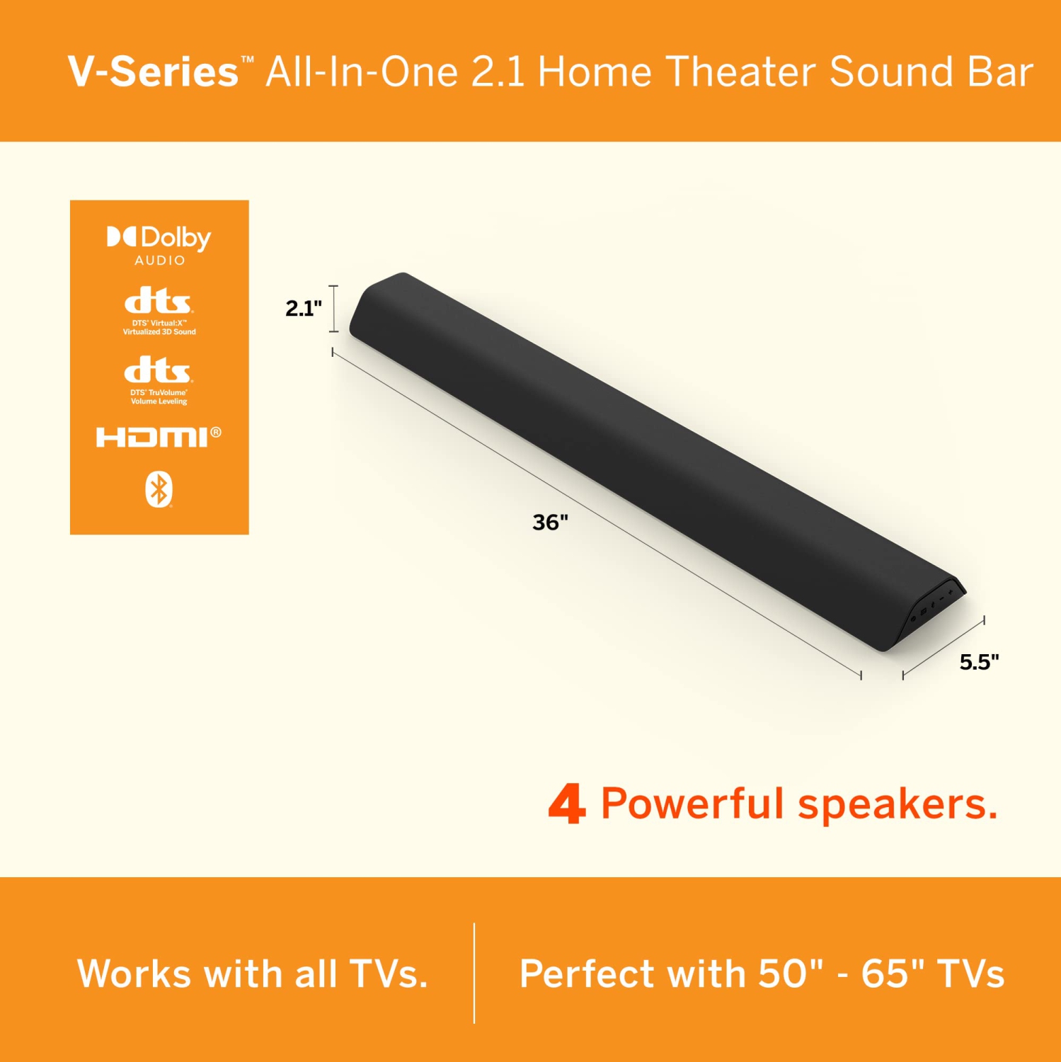 V-Series All-in-One 2.1 Home Theater Sound Bar with DTS Virtual:X