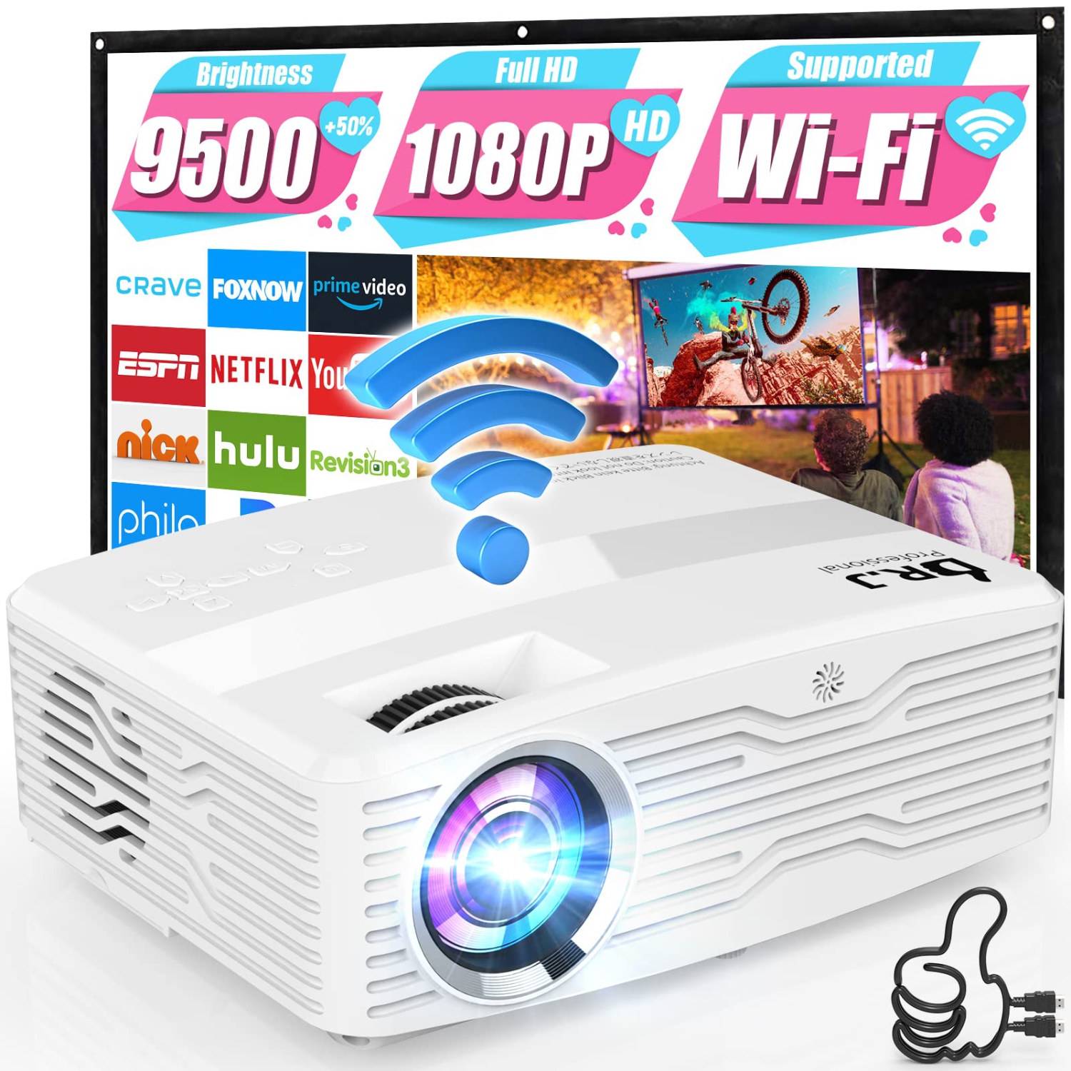 1080P 5G WiFi Projector [with 120" Projector Screen], 9500 Lumens 300 Display Outdoor Projector, 350 ANSI, 4K Supported, Home Projector for iOS/Android/TV Stick