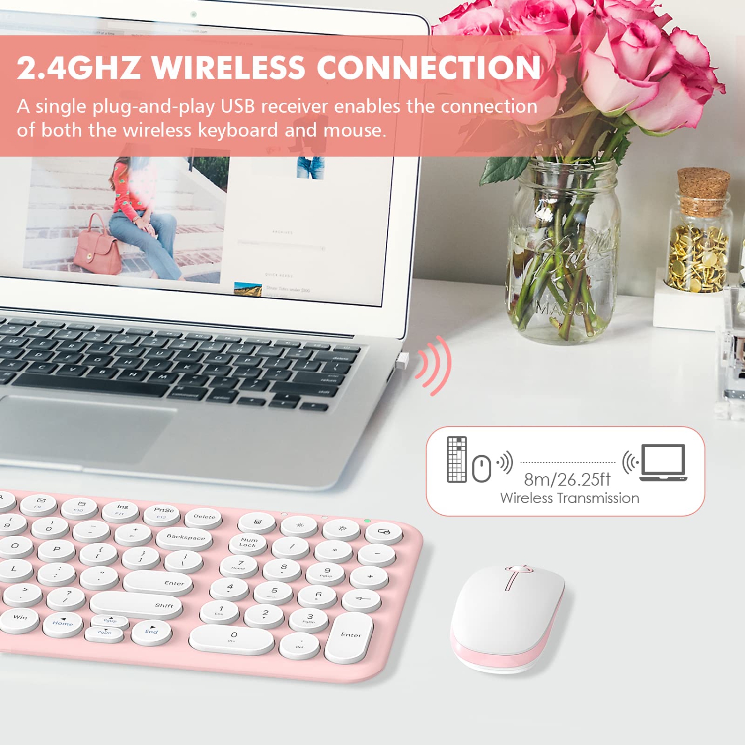 Wireless Keyboard and Mouse, Compact Full Size Cute Keyboard Retro Round Keycap - 2.4GHz Ultra-Slim Quiet Aesthetic Keyboard for Laptop iMac Windows