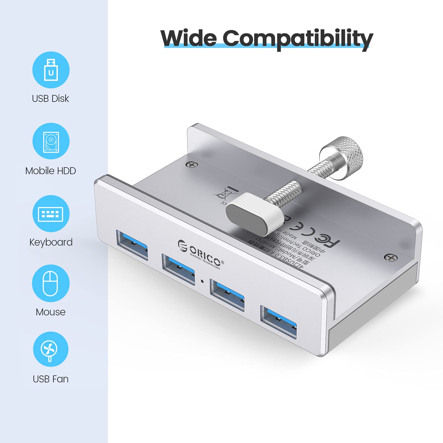 USB 3.0 HUB, Monitor-Edge and Desk-Edge USB 3.0 4-Port Clip-Type Hub, Extra Power Supply, Space-Saving, Compact USB 3.0 Clamp Hub, Ultra-Portable