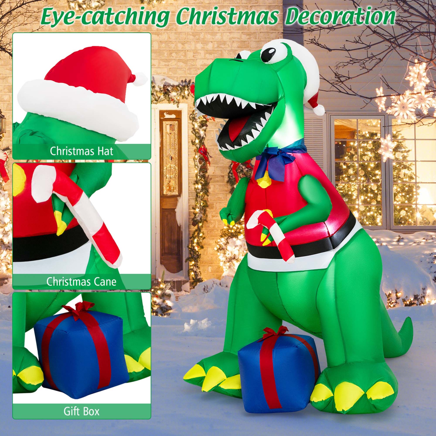 Costway 6FT Inflatable Christmas Dinosaur Dinosaur Decoration with LED Lights & Gift Box