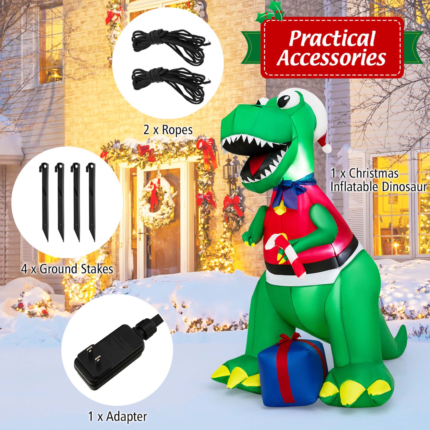 Costway 6FT Inflatable Christmas Dinosaur Dinosaur Decoration with LED Lights & Gift Box
