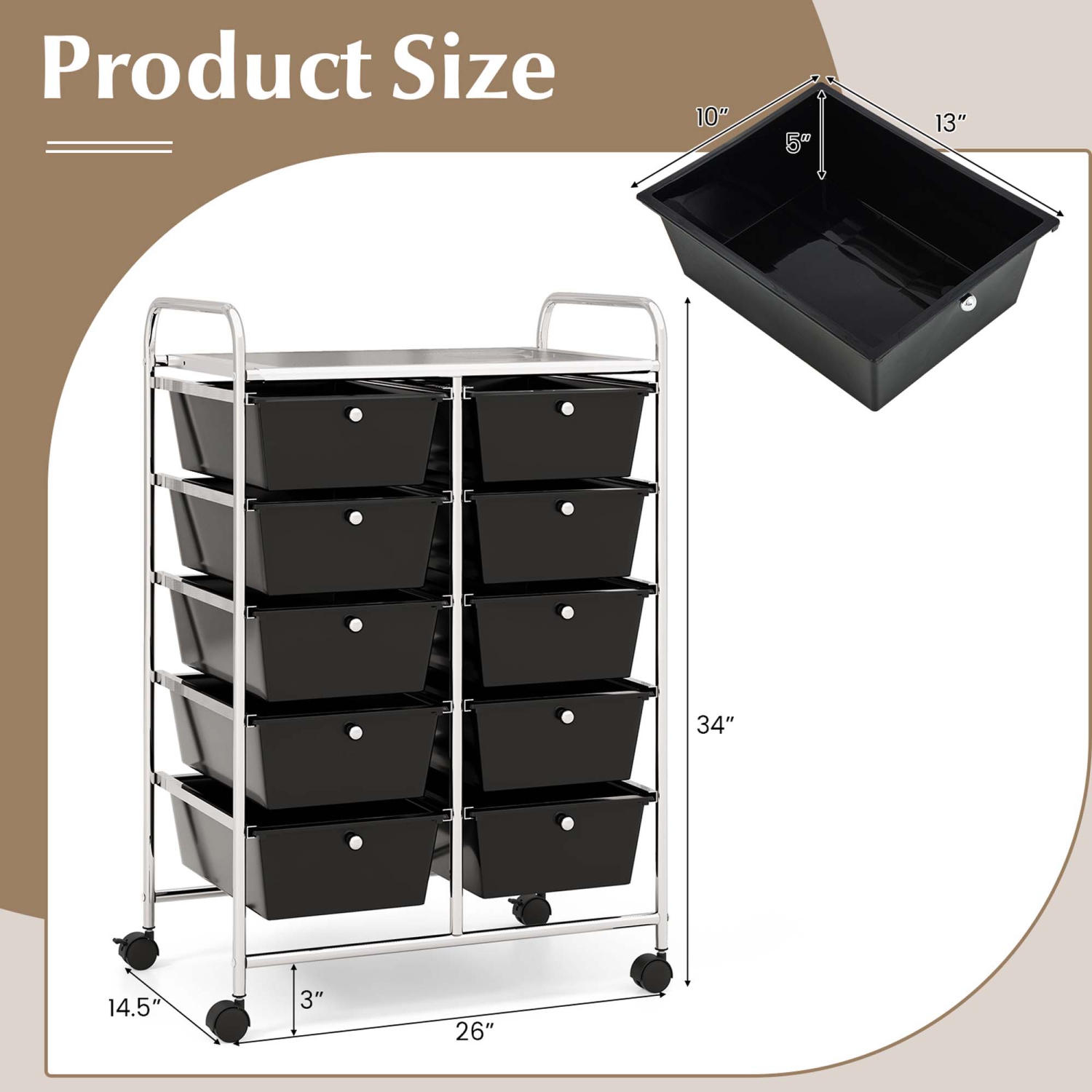 Costway 10-Drawer Storage Cart Utility Rolling Trolley Kitchen Office Organizer