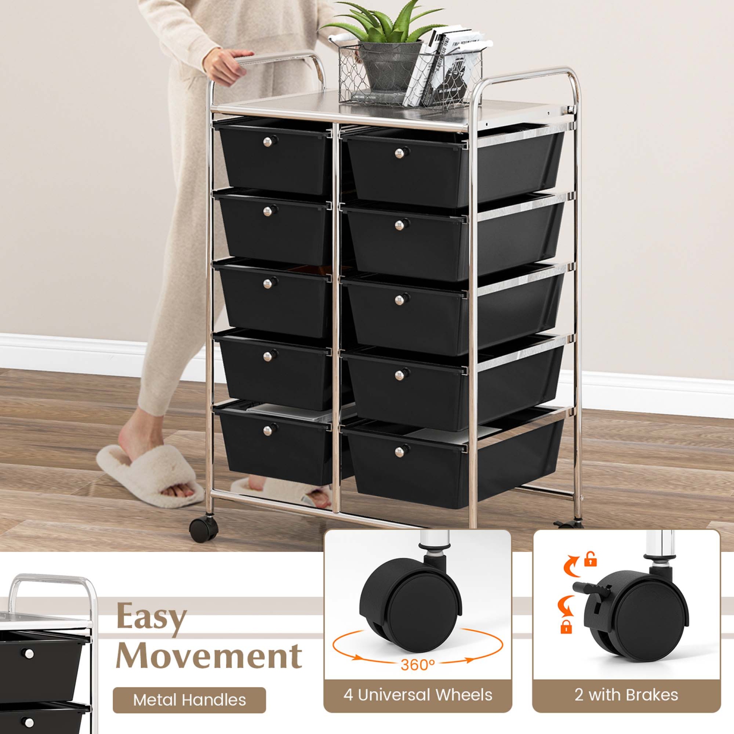 Costway 10-Drawer Storage Cart Utility Rolling Trolley Kitchen Office Organizer