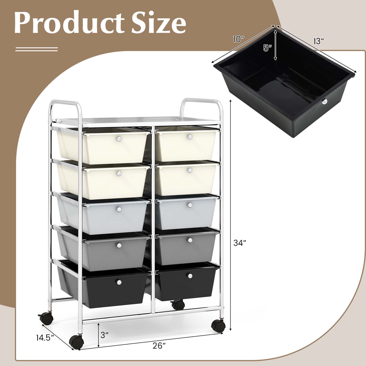 Costway 10-Drawer Storage Cart Utility Rolling Trolley Kitchen Office Organizer