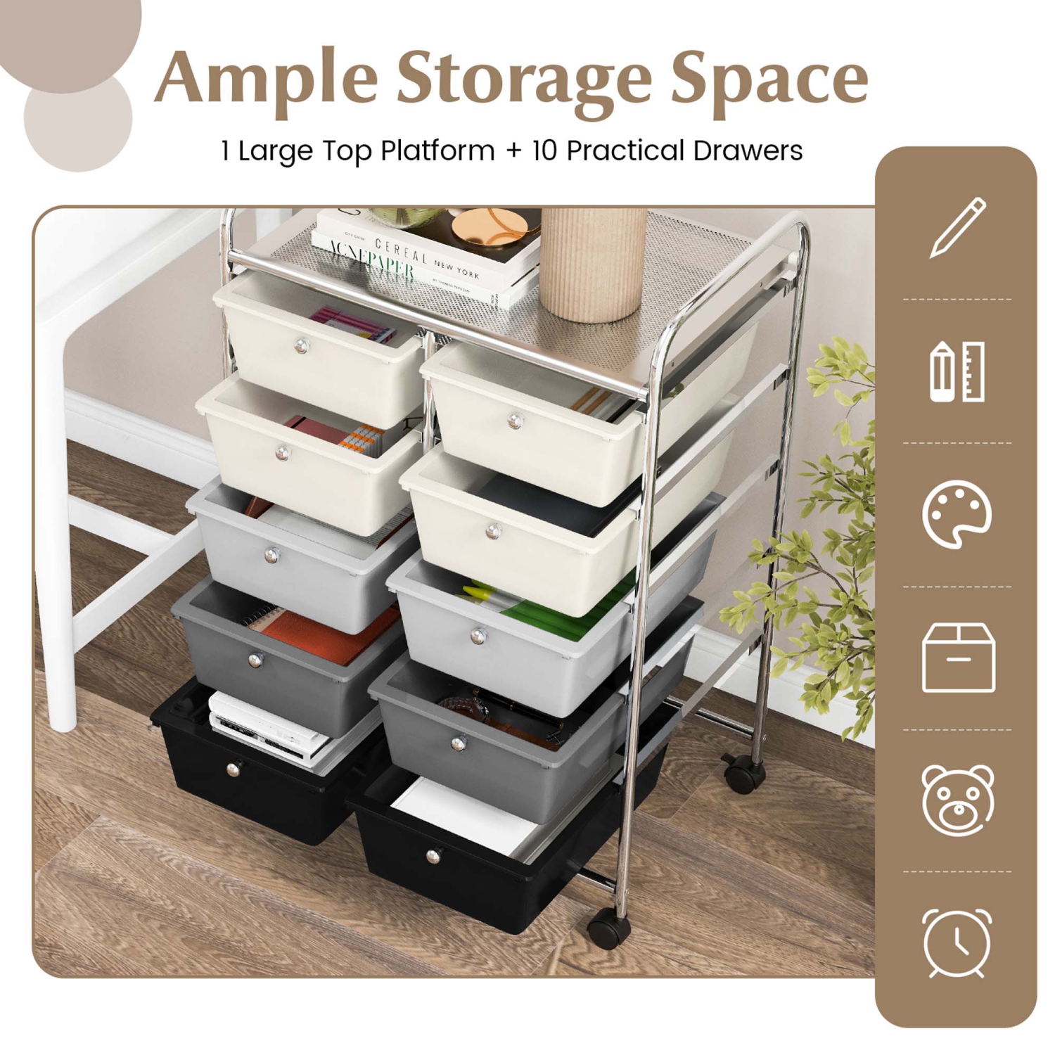 Costway 10-Drawer Storage Cart Utility Rolling Trolley Kitchen Office Organizer