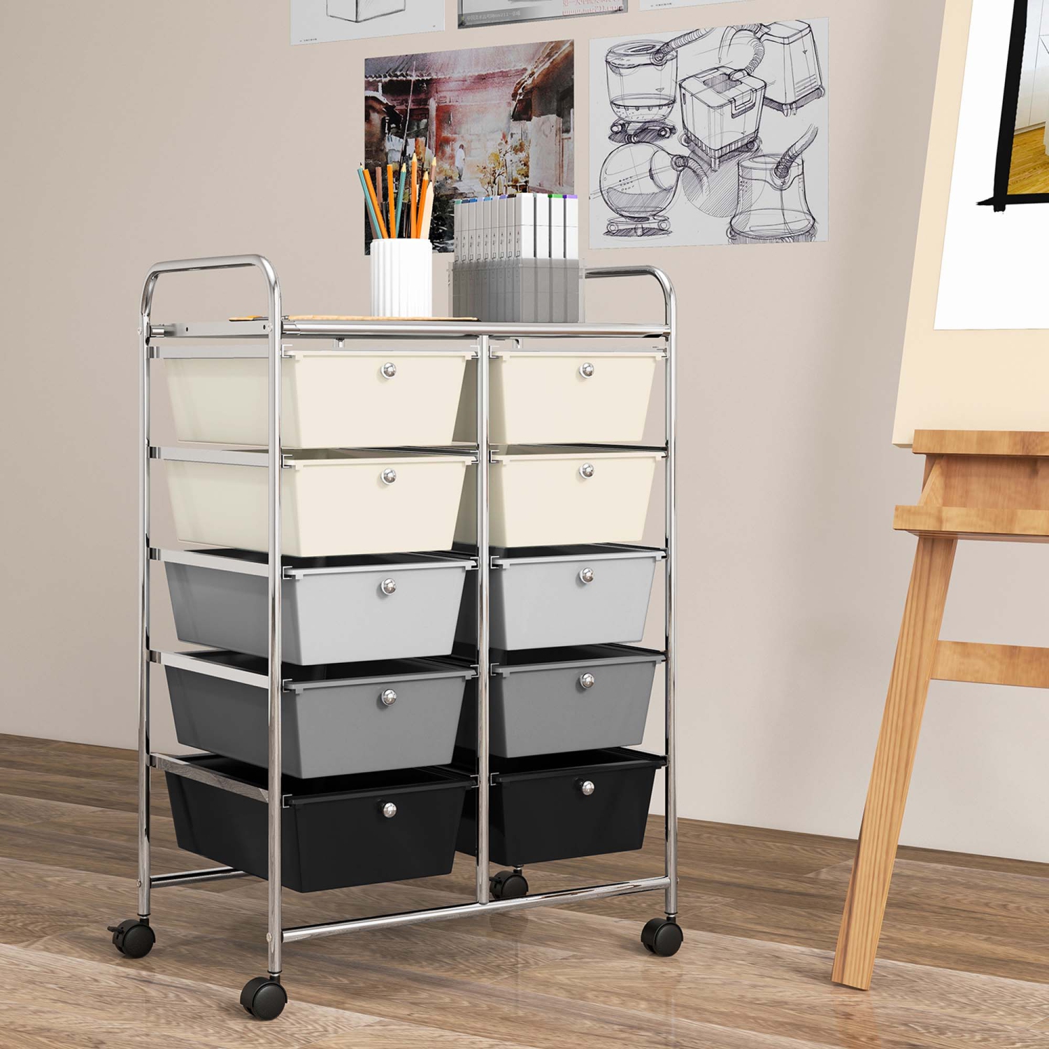 Costway 10-Drawer Storage Cart Utility Rolling Trolley Kitchen Office Organizer