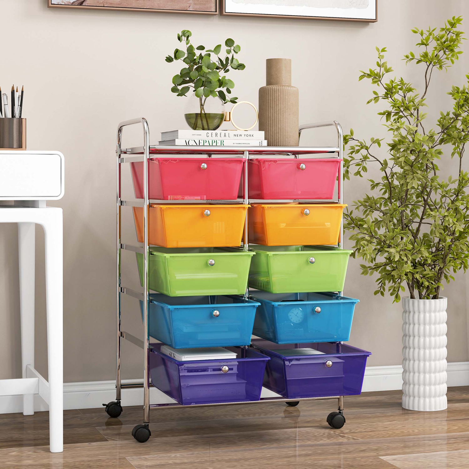 Costway 10-Drawer Storage Cart Utility Rolling Trolley Kitchen Office Organizer