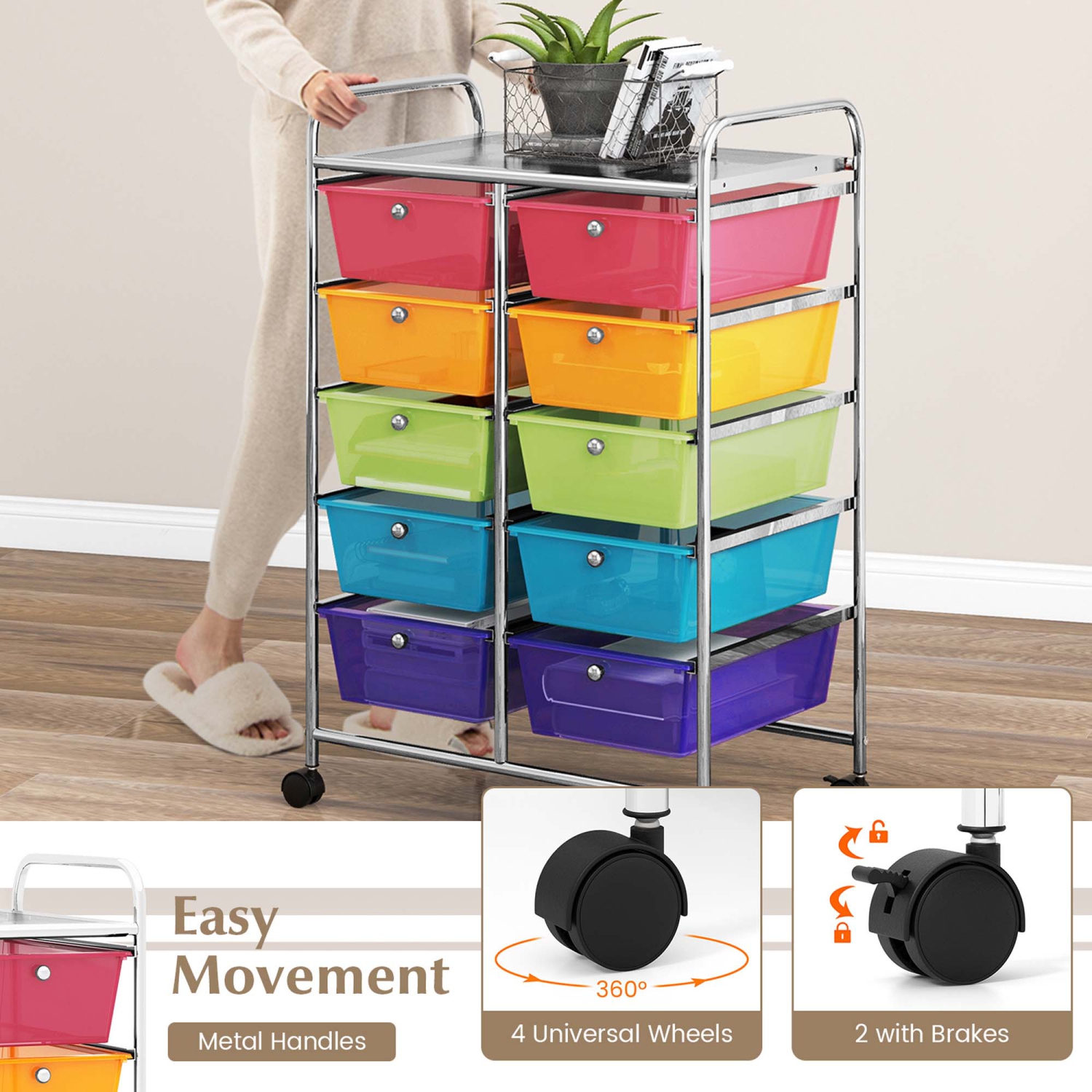 Costway 10-Drawer Storage Cart Utility Rolling Trolley Kitchen Office Organizer