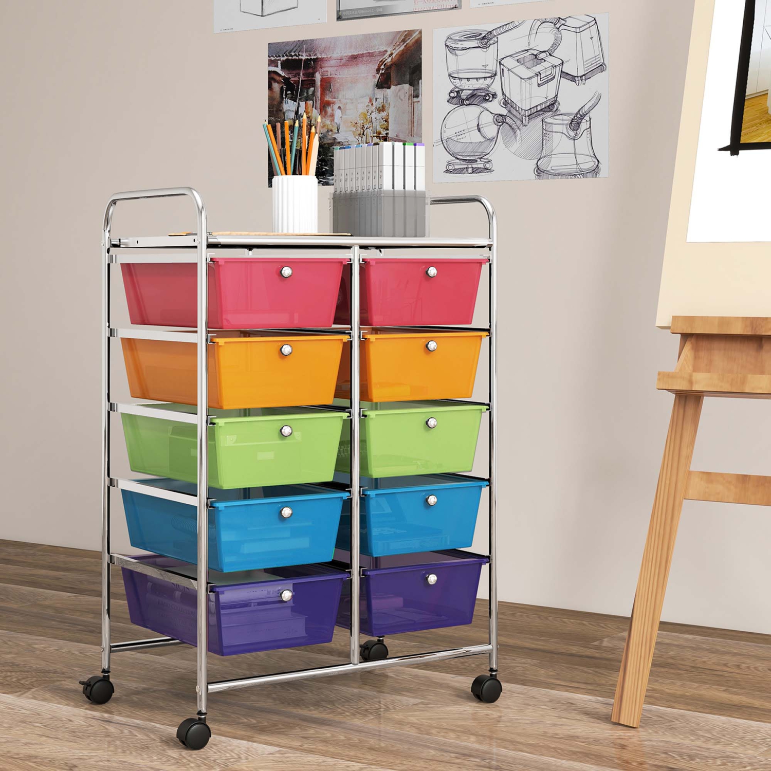Costway 10-Drawer Storage Cart Utility Rolling Trolley Kitchen Office Organizer