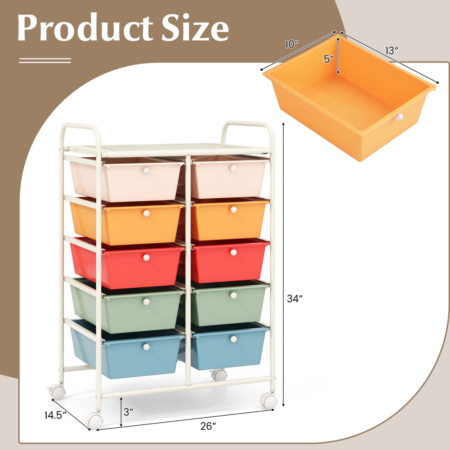 Costway 10-Drawer Storage Cart Utility Rolling Trolley Kitchen Office Organizer