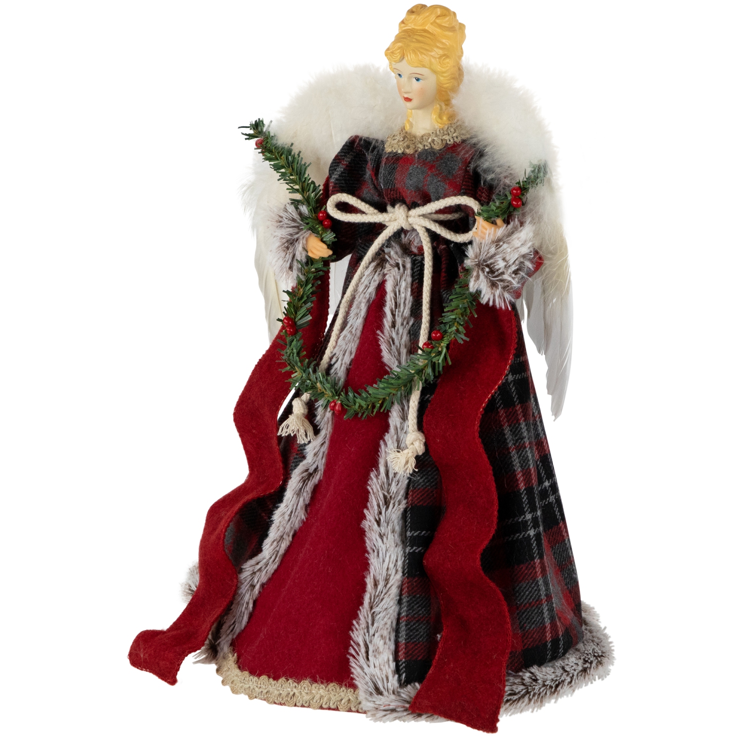 16" Red and Plaid Angel Christmas Tree Topper, Unlit