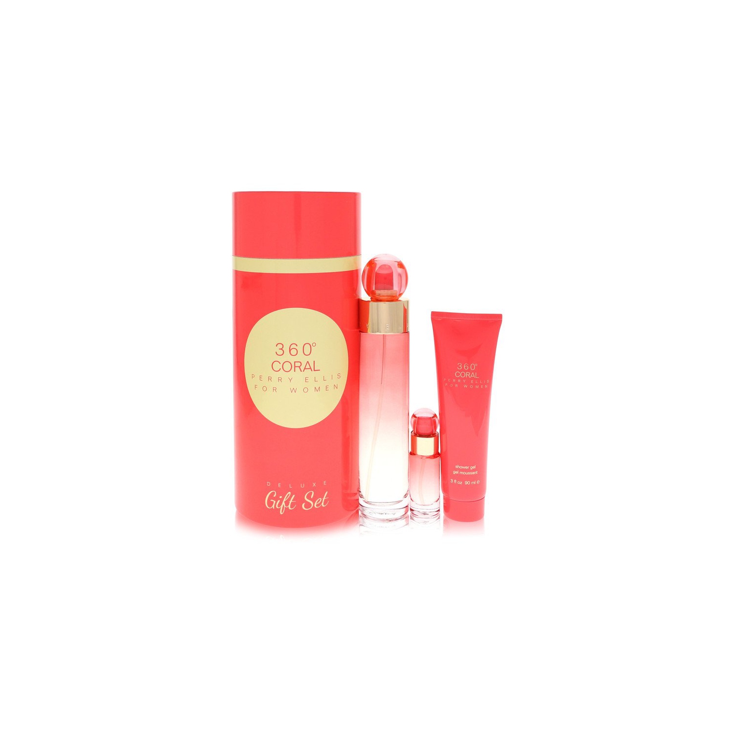 Perry Ellis 360 Coral by Perry Ellis Gift Set -- 3.4 oz Eau de Parfum Spray + .25 oz Mini EDP Spray + 3 oz Shower Gel for Women