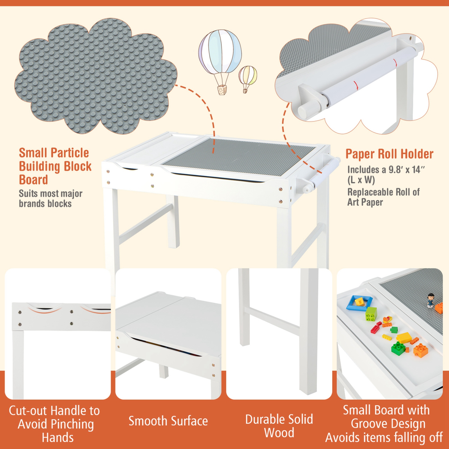 Costway Kids Multi Activity Play Table Wooden Building Block Desk w/ Storage Paper Roll