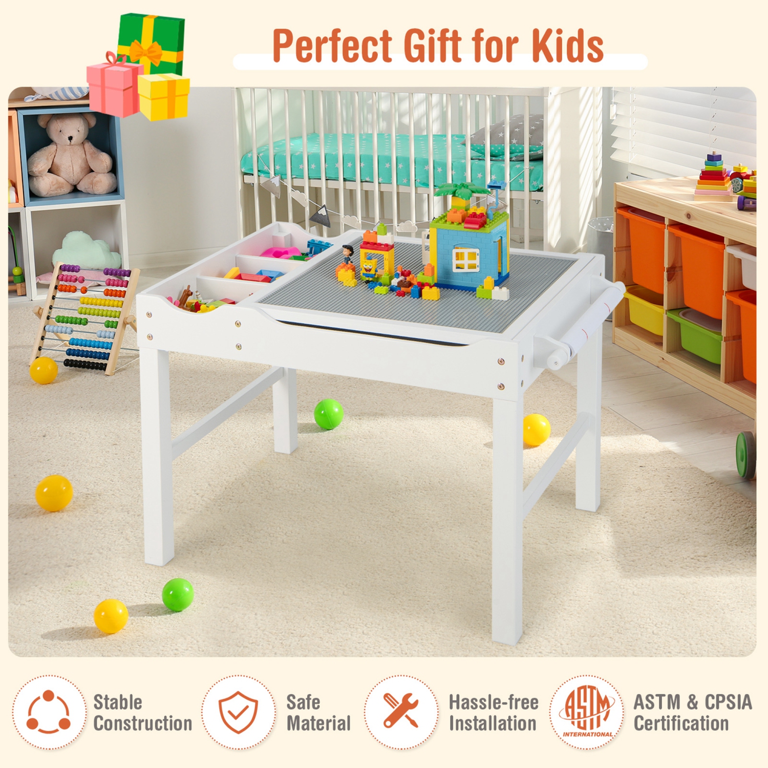 Costway Kids Multi Activity Play Table Wooden Building Block Desk w/ Storage Paper Roll