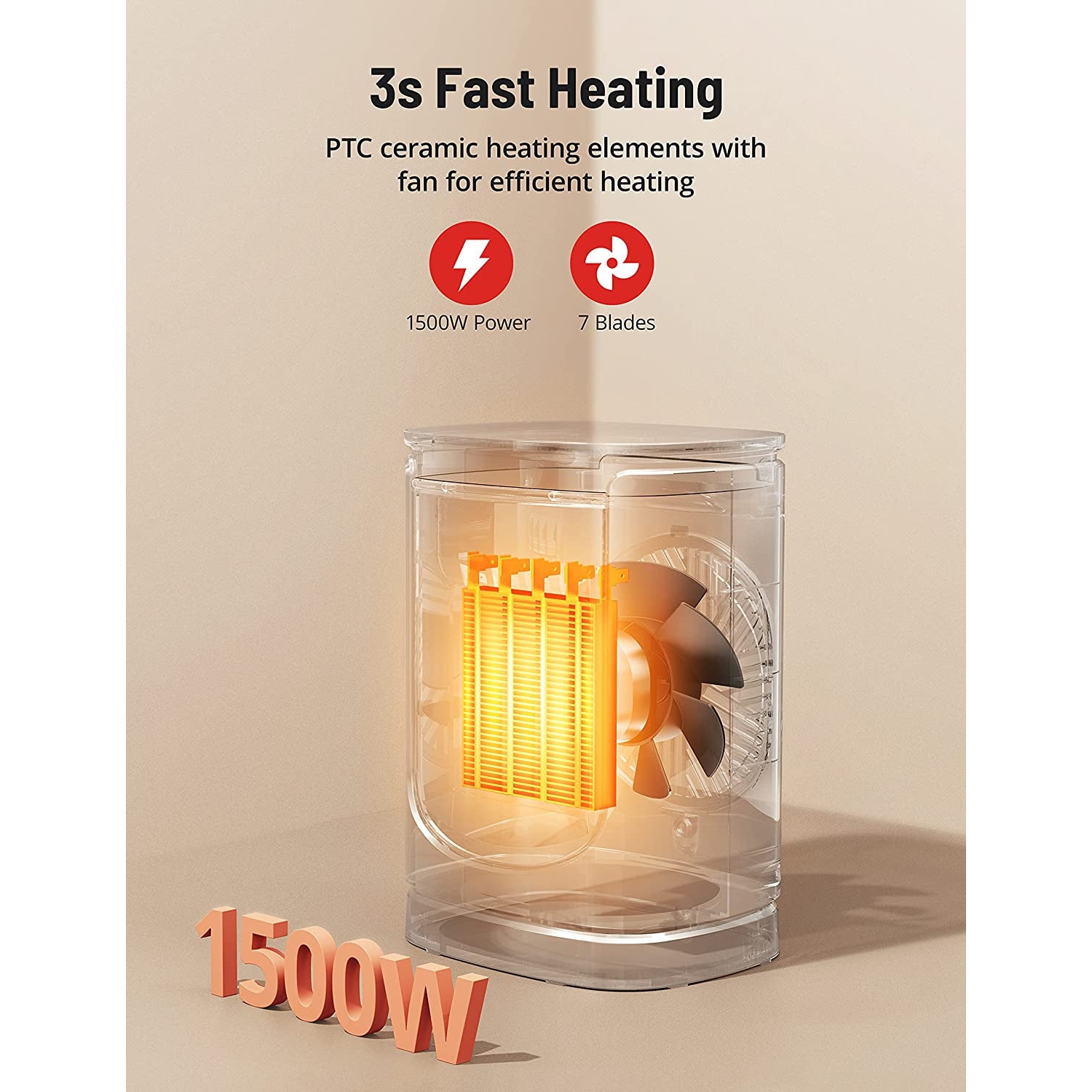 1500W Space Heater with 70° Oscillation, 12-Hour Timer, 3 Modes, Thermostat, Tip-Over Protection, and 24-Hour Auto-Off feature. A Quiet Ceramic Heater