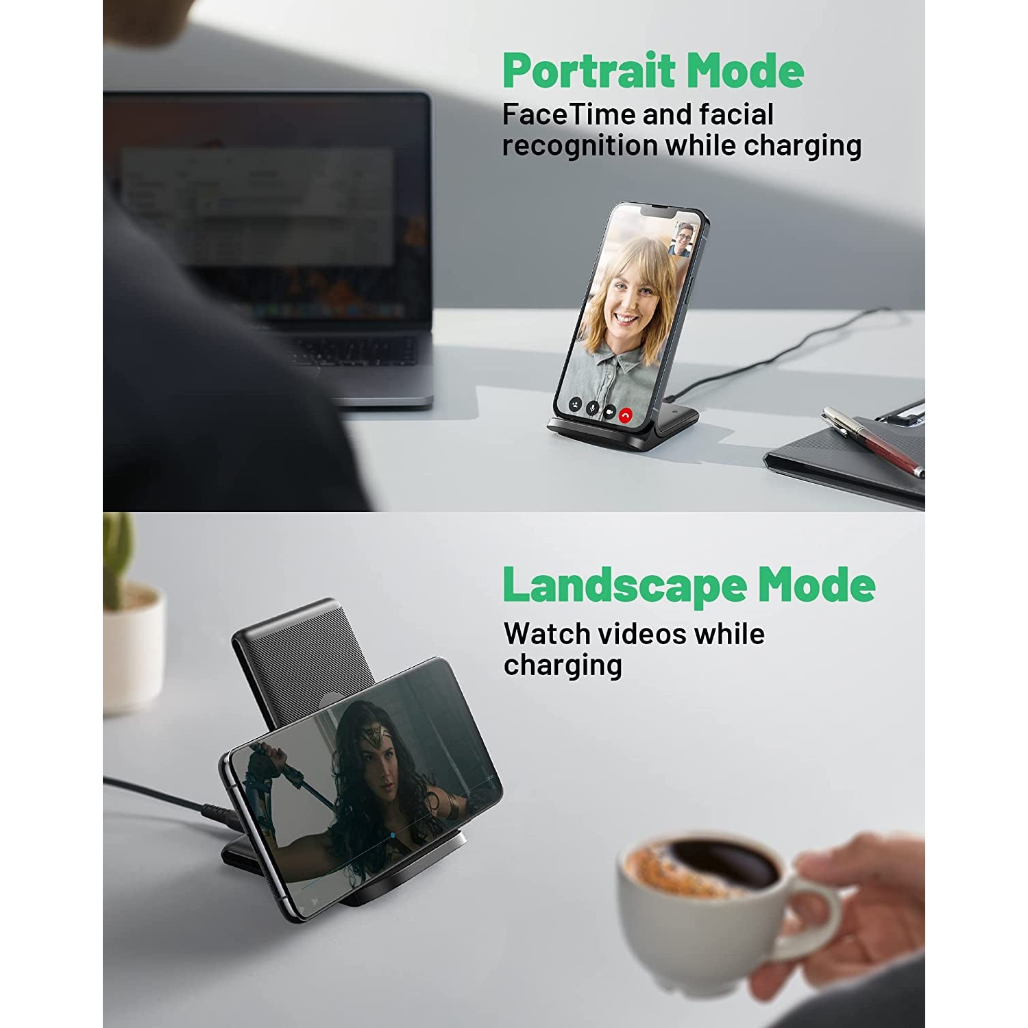 15W Qi-Certified Wireless Charging Stand: Fast Wireless Charger with Sleep-Friendly Adaptive Light. Compatible with iPhone 14, 13, 12 Pro, XR, XS, 8