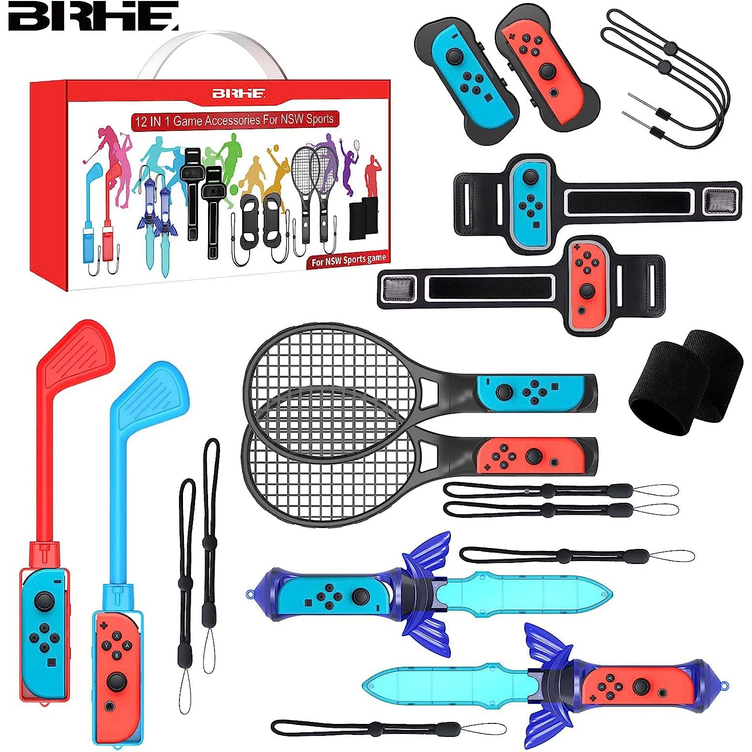 Nintendo Switch Sports Accessories Bundle - 12-in-1 Family Kit for Nintendo Switch Sports Games, Includes Tennis Rackets, Sword Grips, Golf Clubs, Wrist Dance Bands,