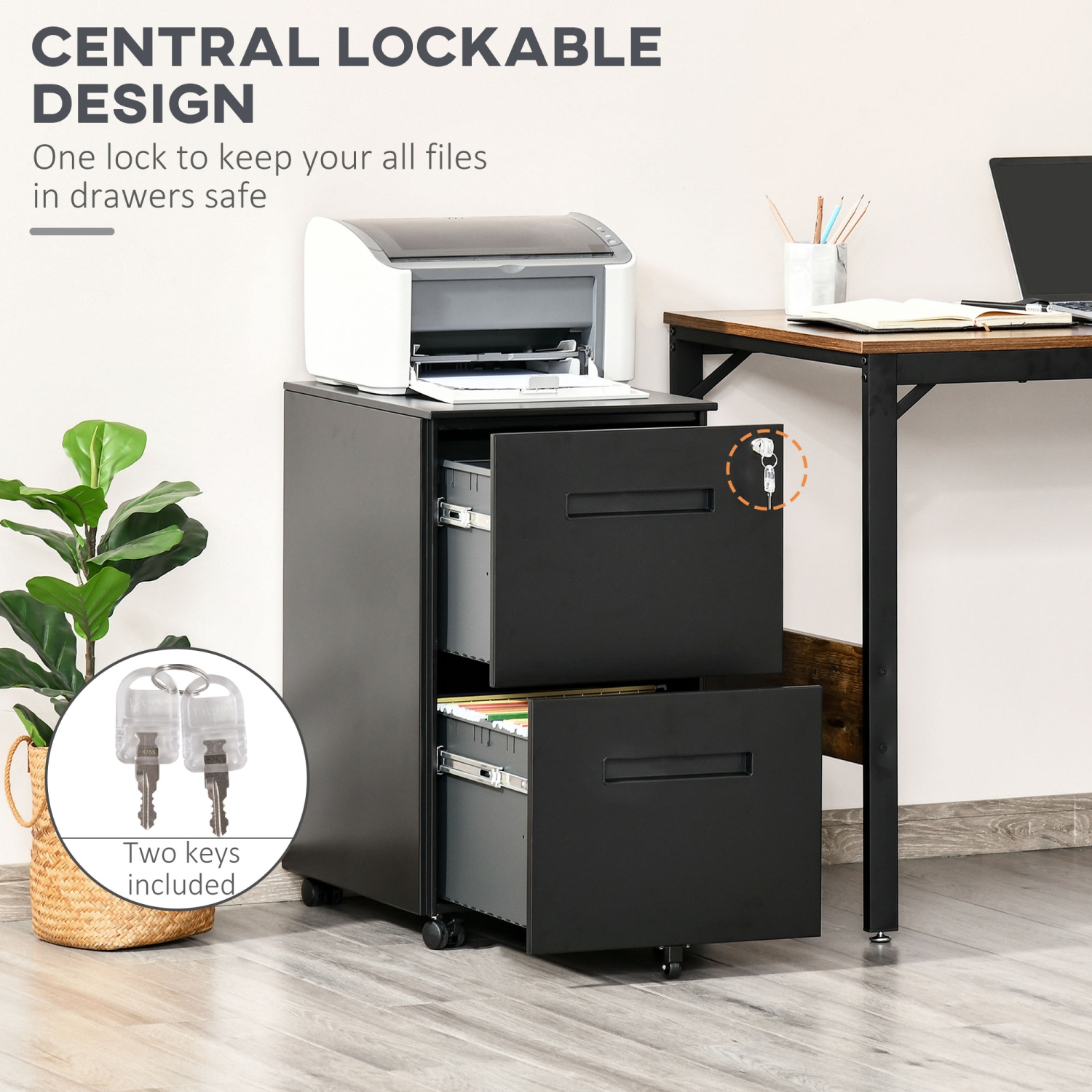 Vinsetto Vertical Filing Cabinet with 2 Drawers, Lock and Wheels, Under Desk Mobile File Cabinet for Legal, A4, Letter Size, Steel Frame for Home