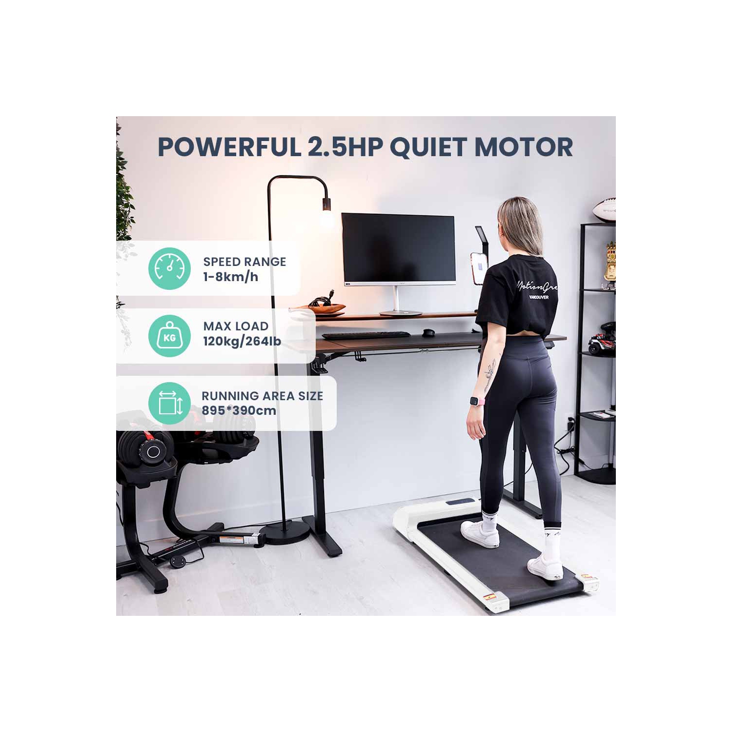 MotionGrey Walking Pad Treadmill for home - Slim Portable Under Desk Training Electric Fitness Pad for Cardio Workout in Home and Office - White
