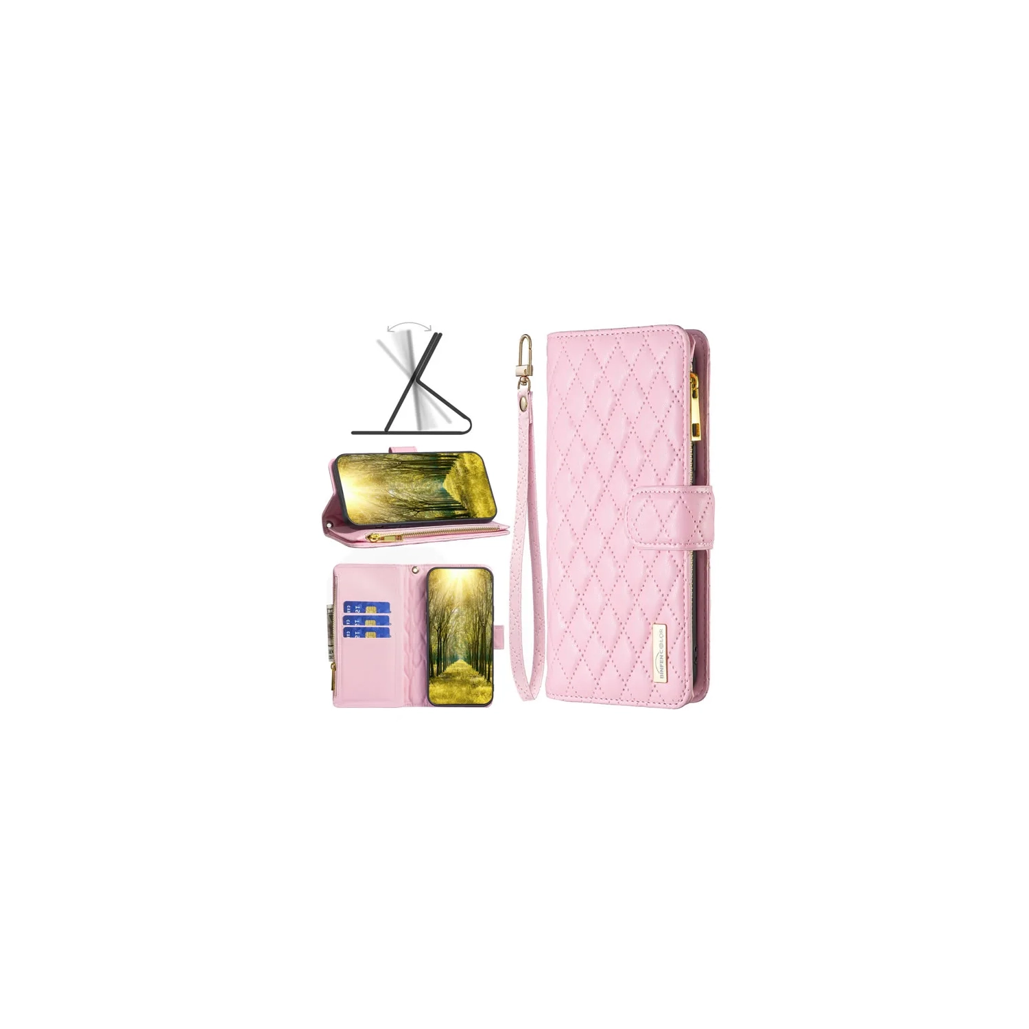 for iPhone 14 Pro Max Wallet Case, Embossed Diamond Phone Case with Card Holder Kickstand and Magnetic - Pink