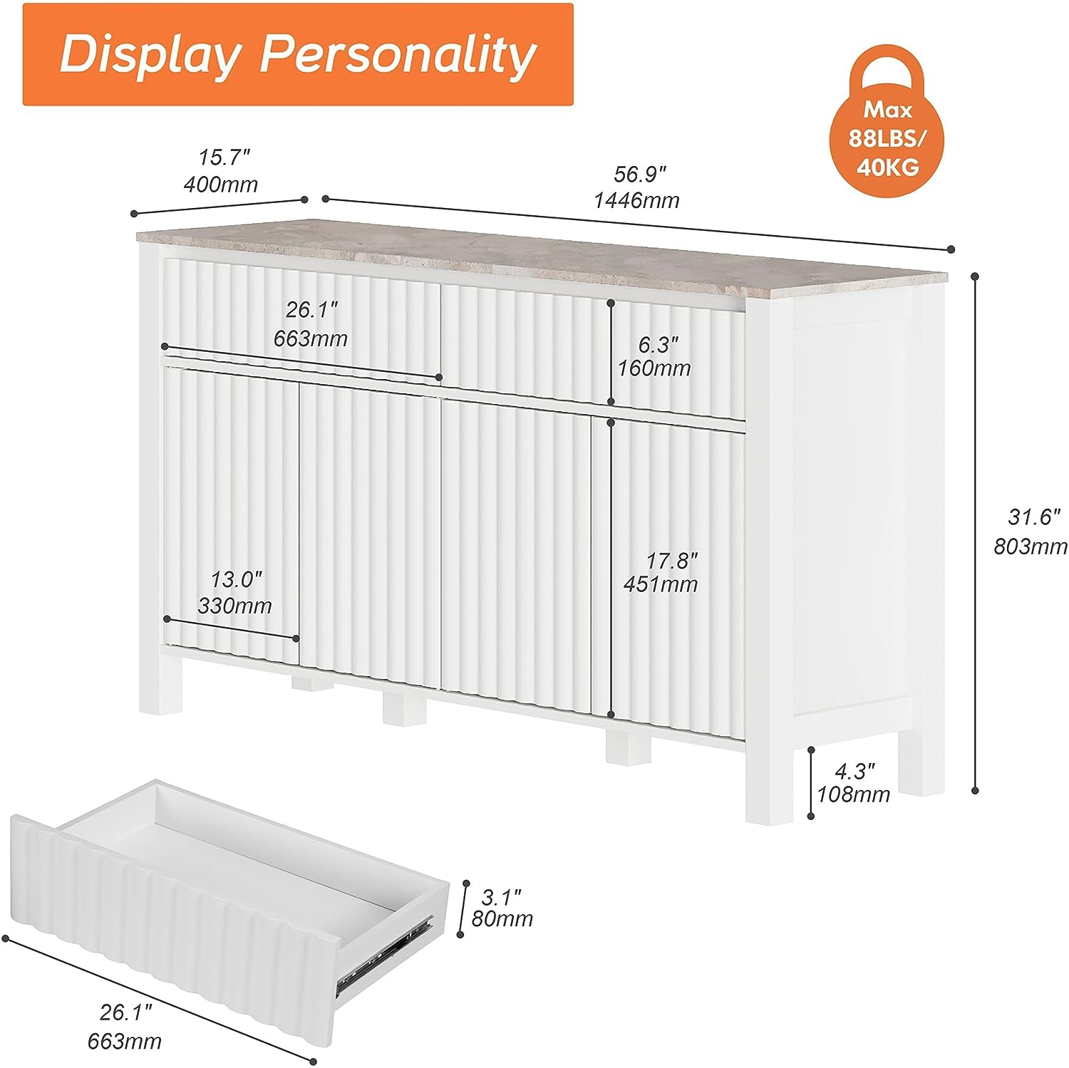 WAMPAT Modern Sideboard Buffet Cabinet, Coffee Bar Cabinet with Drawers, Storage Cabinet with Adjustable Shelves for Kitchen, Dining Room White