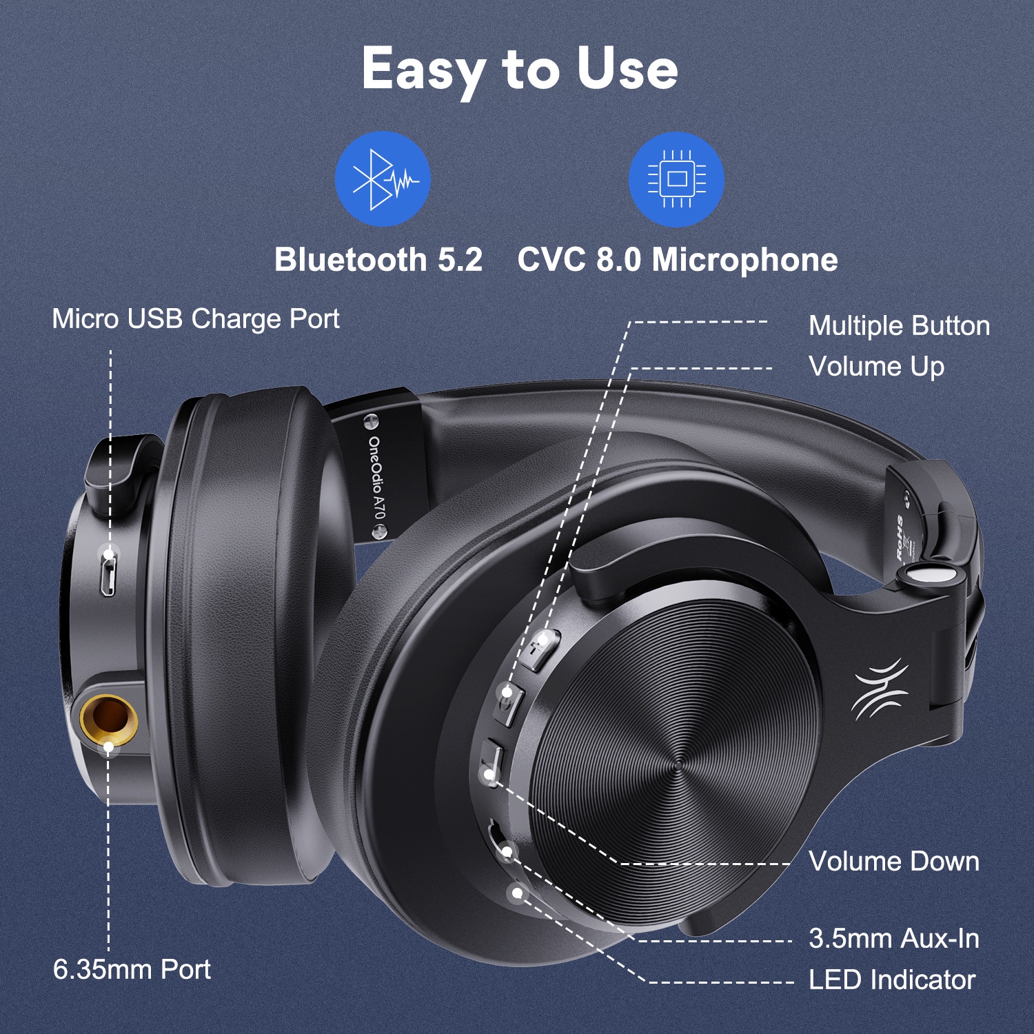 OneOdio Bluetooth Over-Ear Headphones with Mic | Wireless & Corded Dual-Mode Headphones-A70 Black