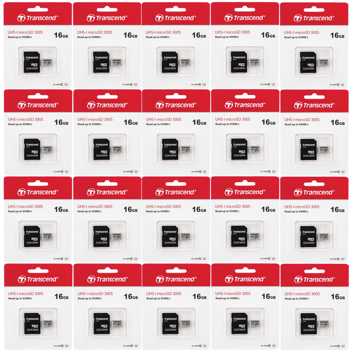 20x Transcend 16GB 300s 95MB/s Class 10 Micro SDHC Memory Card with SD Adapter