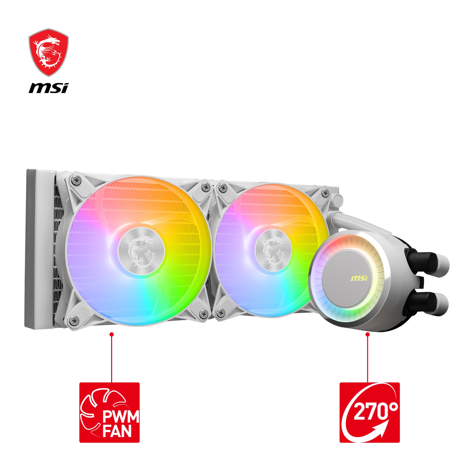 MSI MAG CORELIQUID E240 blanc, refroidisseur liquide tout-en-un pour UCT, LGA 1851, radiateur 240&nbsp;mm, deux ventilateurs PWM 120&nbsp;mm, RVBA