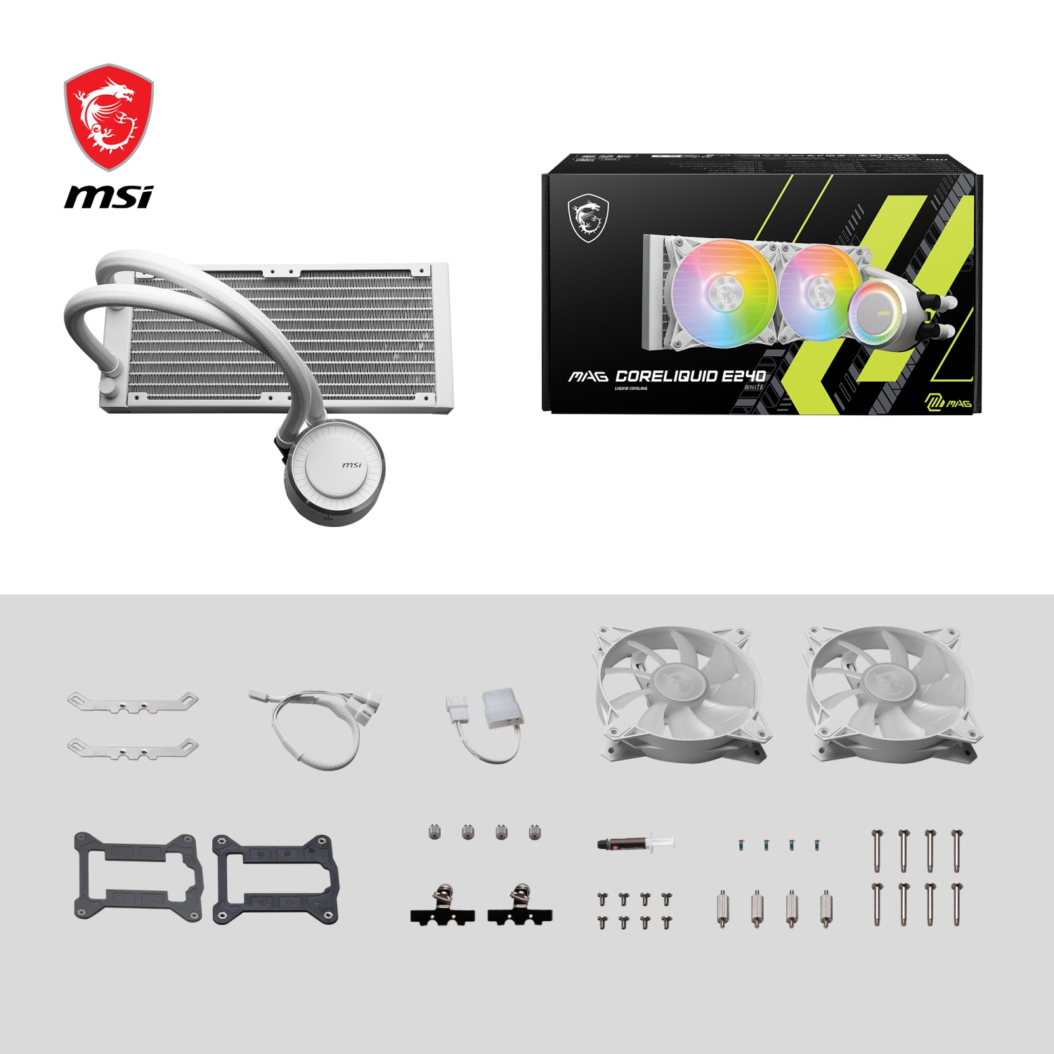 MSI MAG CORELIQUID E240 blanc, refroidisseur liquide tout-en-un pour UCT, LGA 1851, radiateur 240&nbsp;mm, deux ventilateurs PWM 120&nbsp;mm, RVBA