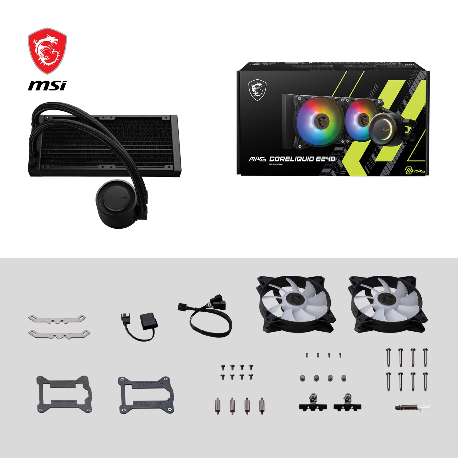 MSI MAG CORELIQUID E240, AIO Liquid CPU Cooler, LGA 1851, 240mm Radiator, Double 120mm PWM Fans, ARGB
