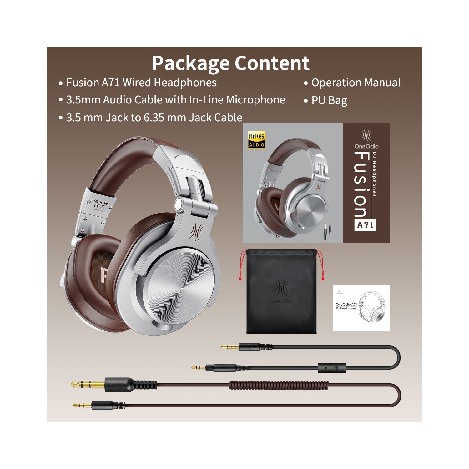 OneOdio Wired Studio Headphones Over-Ear Headphones-A71 Silver