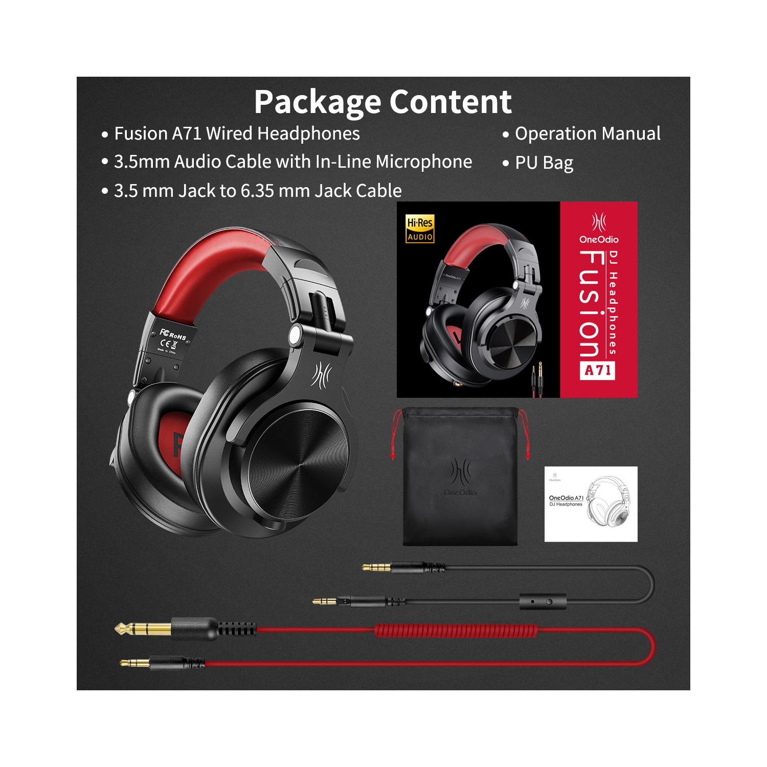 OneOdio Wired Headphones Over-Ear Headset with Mic Long Cords & Dual Plugs & Shareports -A71 Red