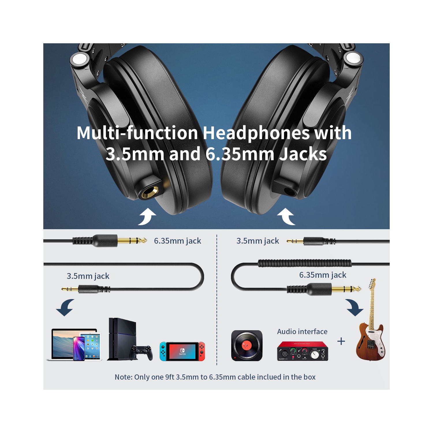 Casque d'écoute avec fil OneOdio avec deux prises stéréo haute résolution et de longs cordons de micro - A71 noir