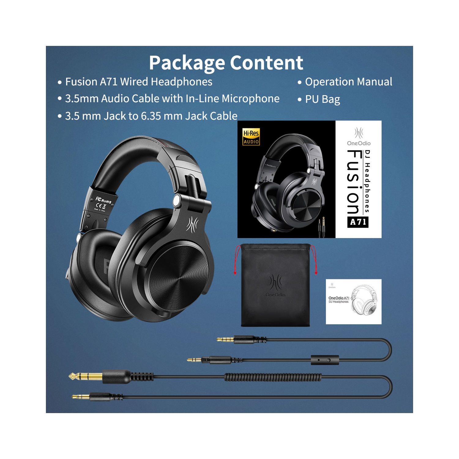 Casque d'écoute avec fil OneOdio avec deux prises stéréo haute résolution et de longs cordons de micro - A71 noir