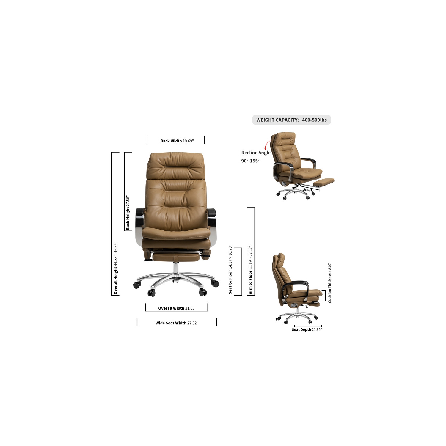 Kinnls Vane Massage Office Chair with Footrest Fully Reclining Managerial & Executive Genuine Leather Desk Task Chairs 400lbs