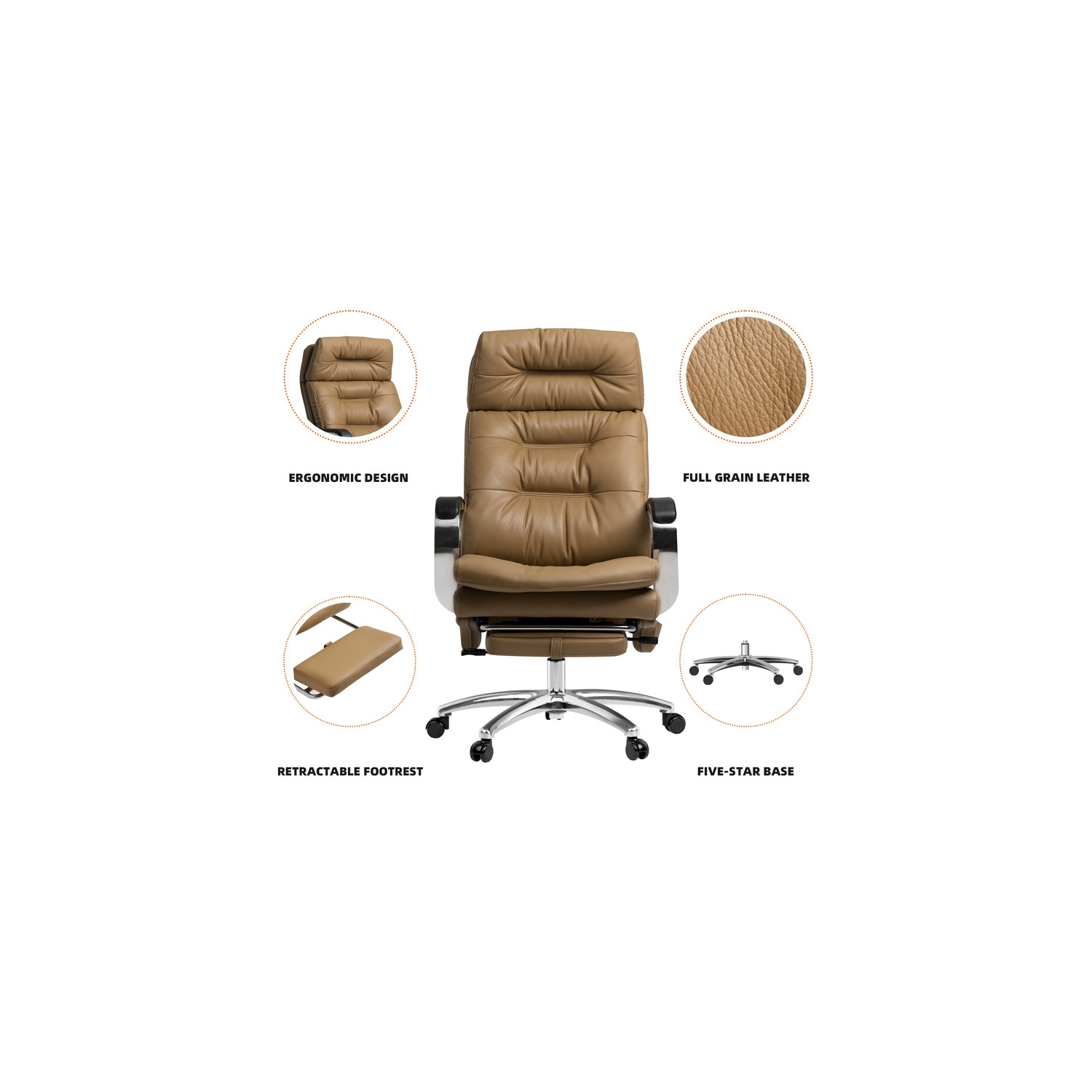 Kinnls Vane Massage Office Chair with Footrest Fully Reclining Managerial & Executive Genuine Leather Desk Task Chairs 400lbs