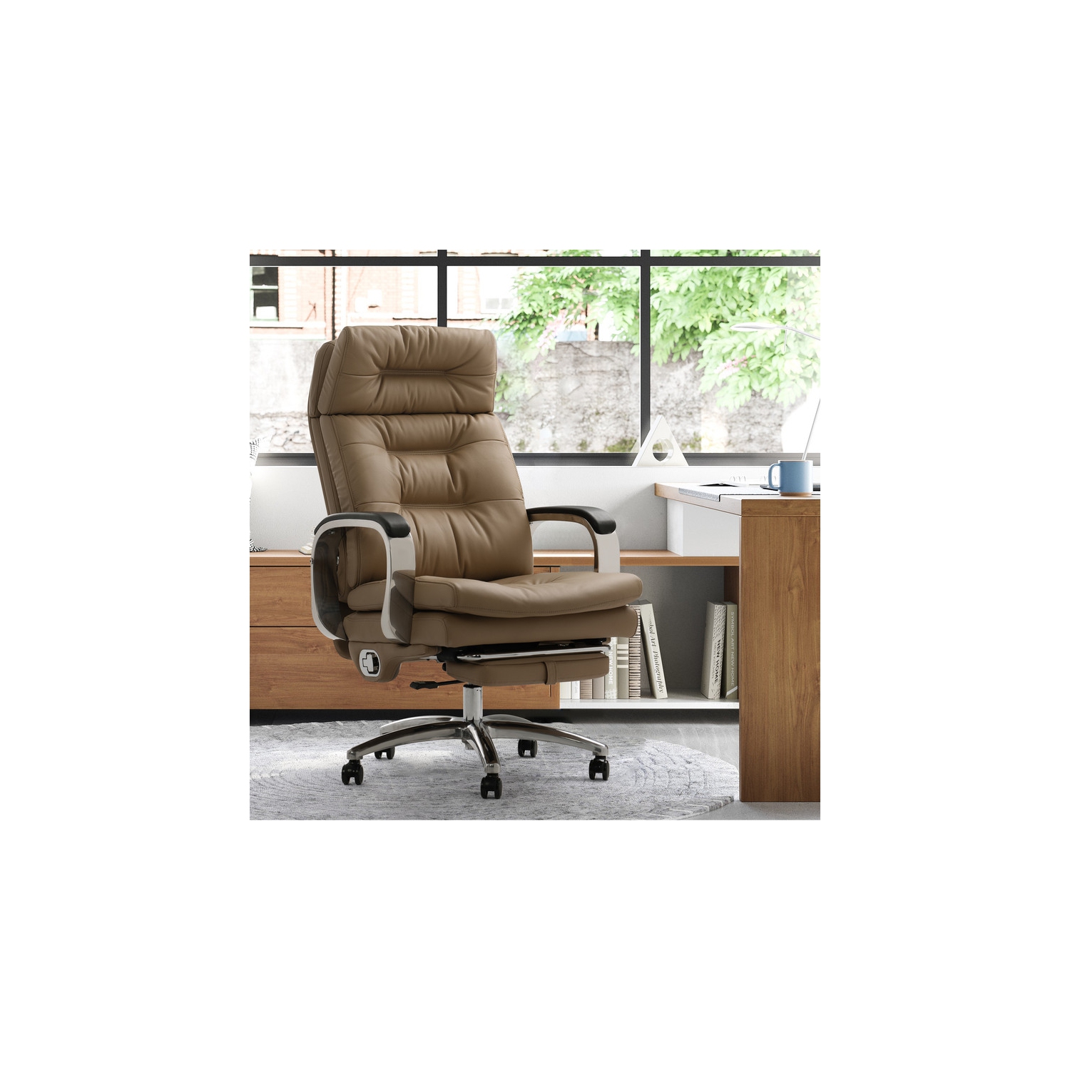 Kinnls Vane Massage Office Chair with Footrest Fully Reclining Managerial & Executive Genuine Leather Desk Task Chairs 400lbs