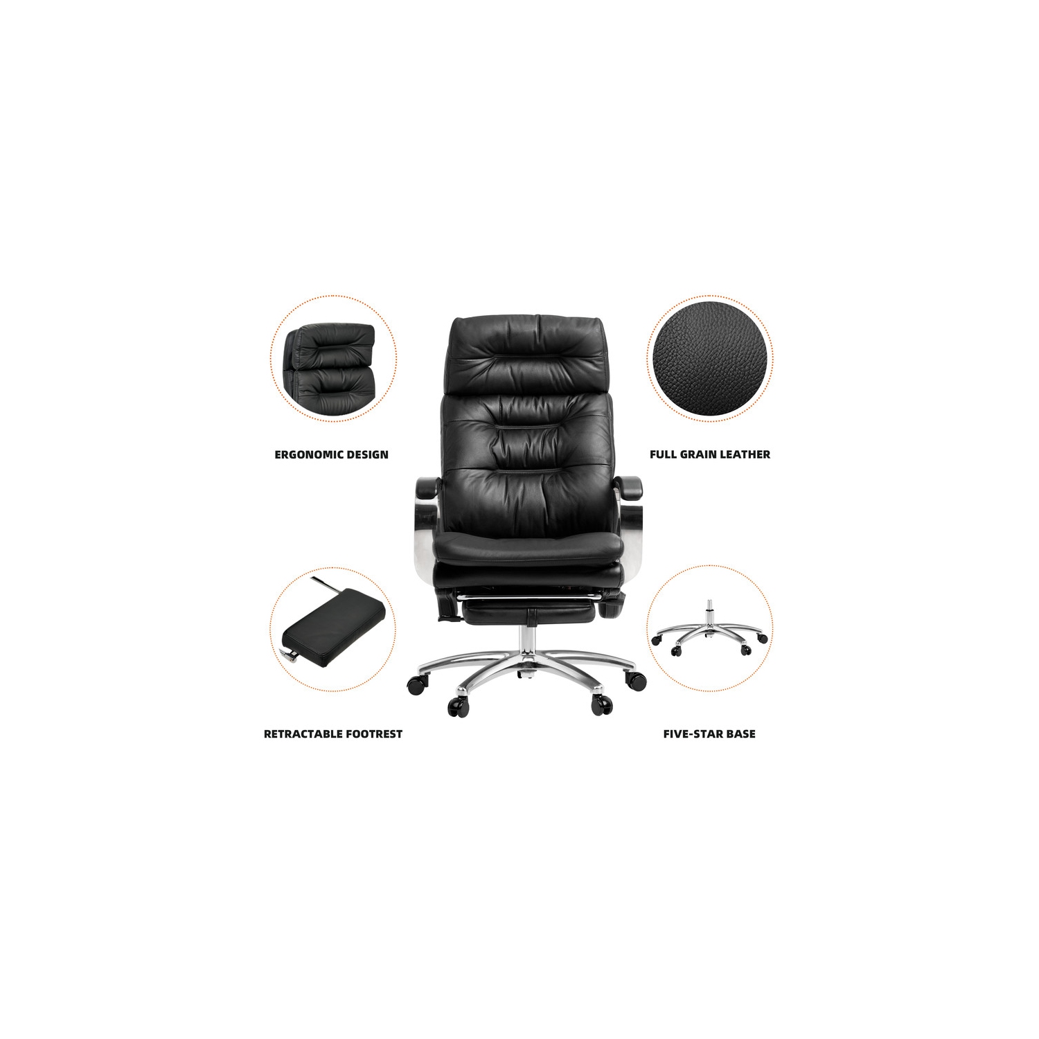 Fauteuil de bureau à massage Vane avec repose-pieds entièrement inclinable en cuir véritable 400&nbsp;lb