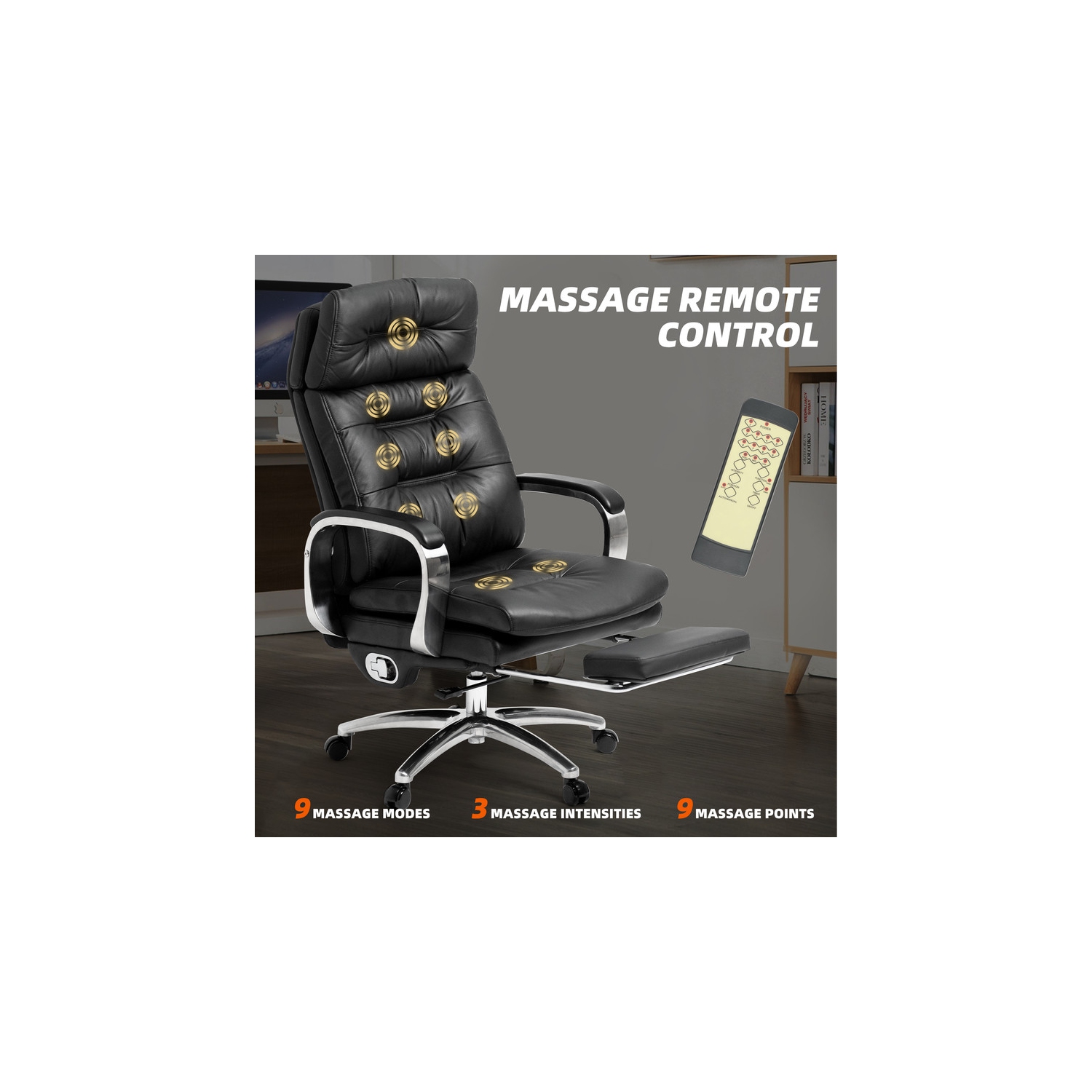 Fauteuil de bureau à massage Vane avec repose-pieds entièrement inclinable en cuir véritable 400&nbsp;lb