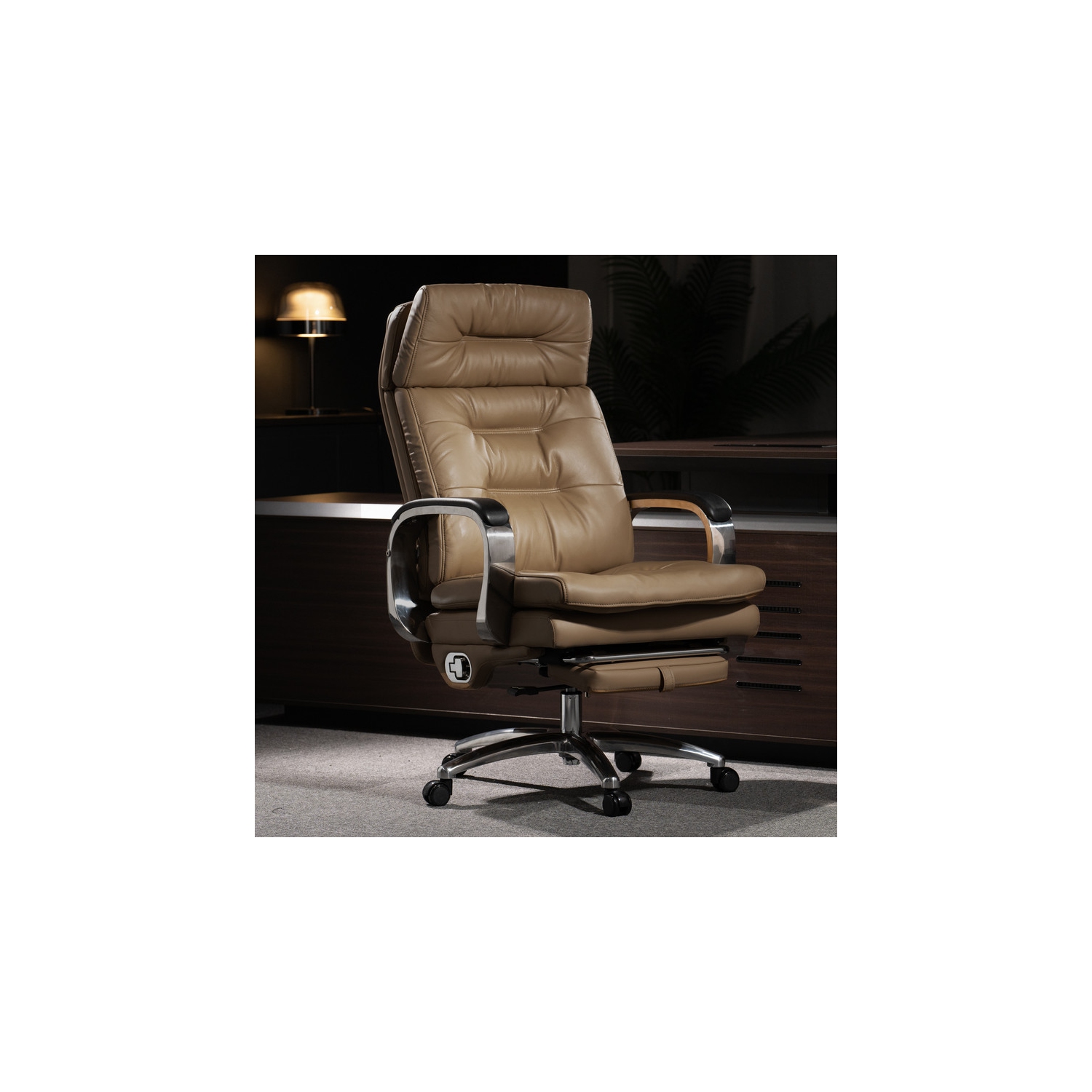 Kinnls Vane Massage Office Chair with Footrest Fully Reclining Managerial & Executive Genuine Leather Desk Task Chairs 400lbs